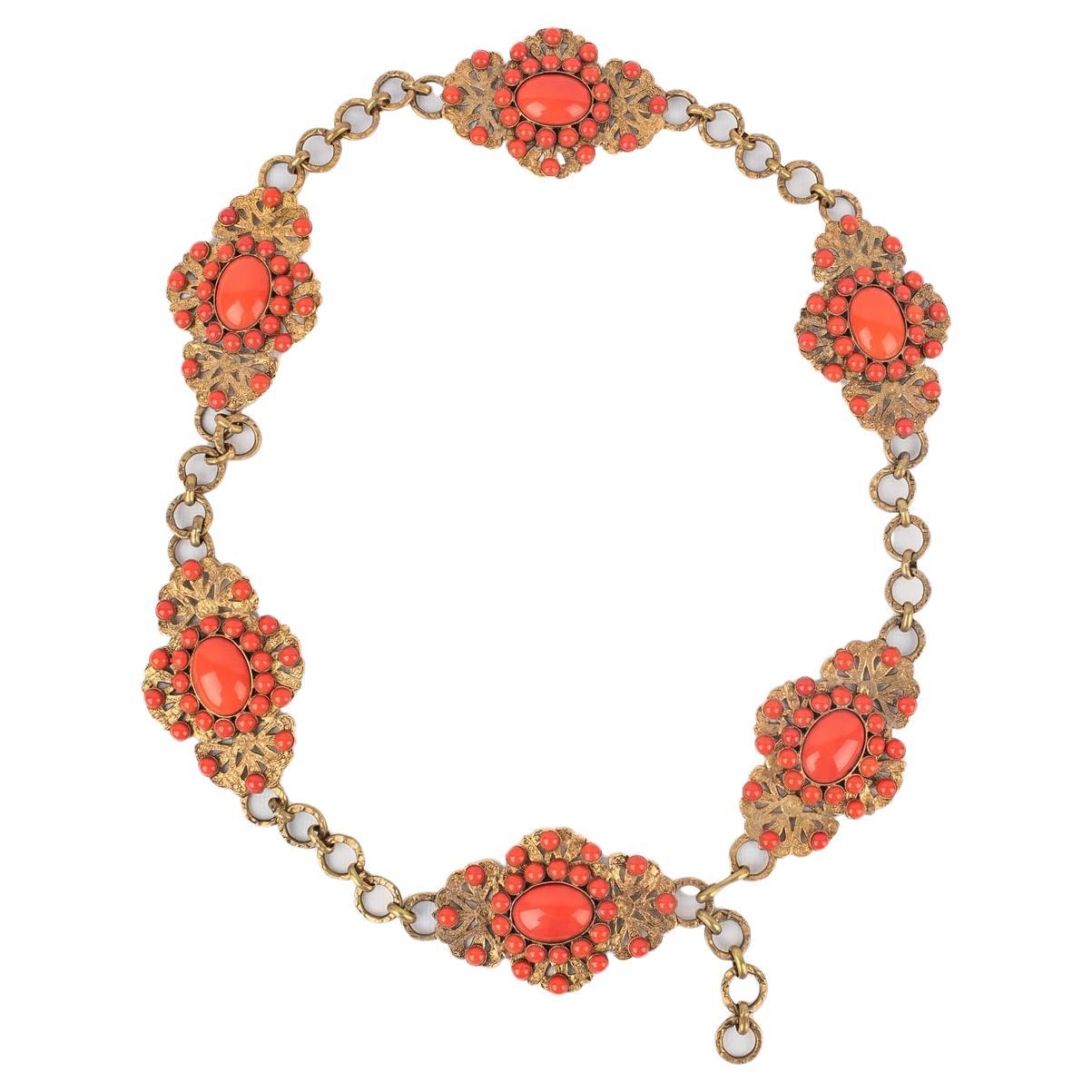 Theater Golden Metal Openwork Drama Belt with Orange Glass Paste For Sale