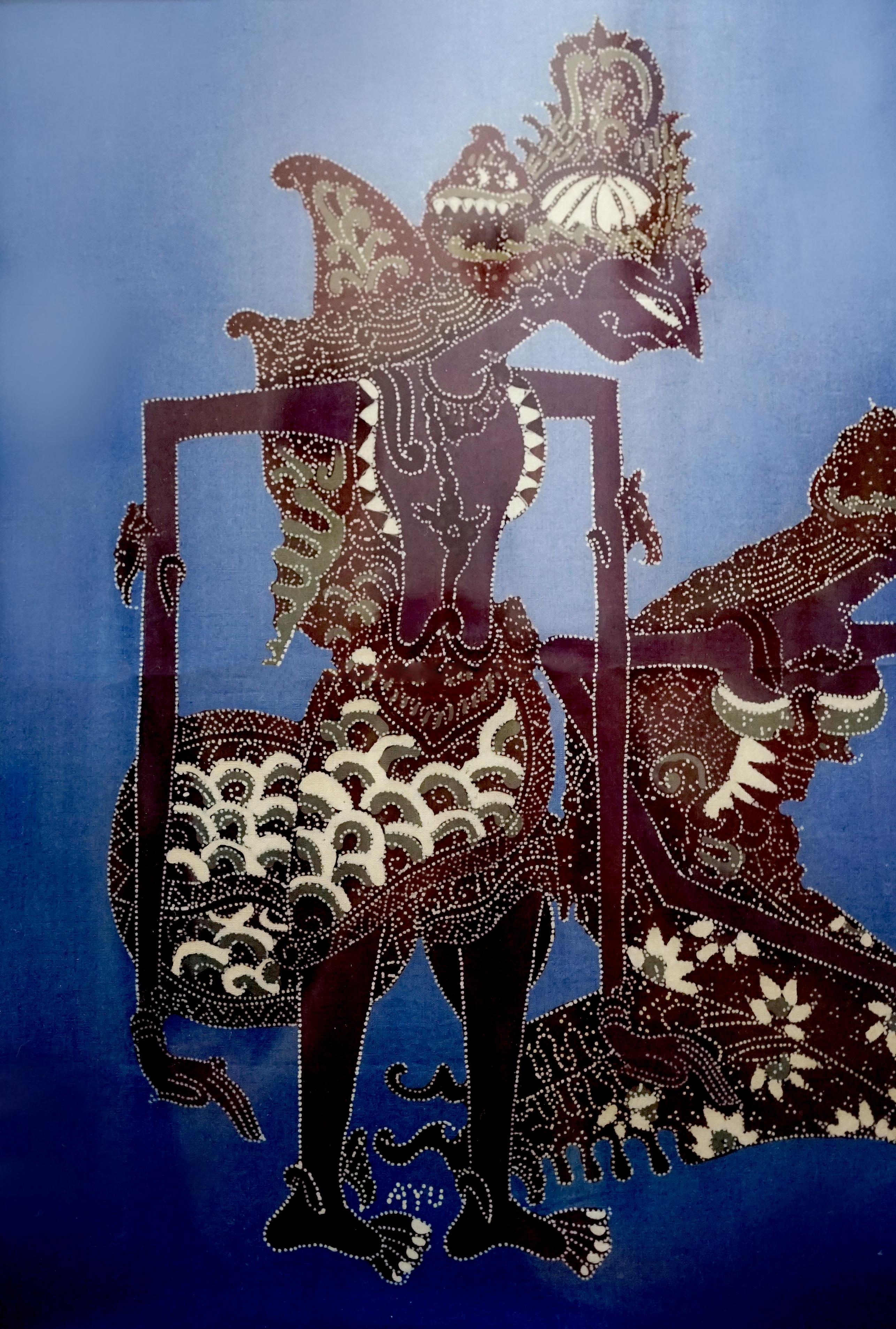 Philippine Theater of Shadows Indo-Filipino Batik Shadow Puppets Painting Signed Ayu For Sale