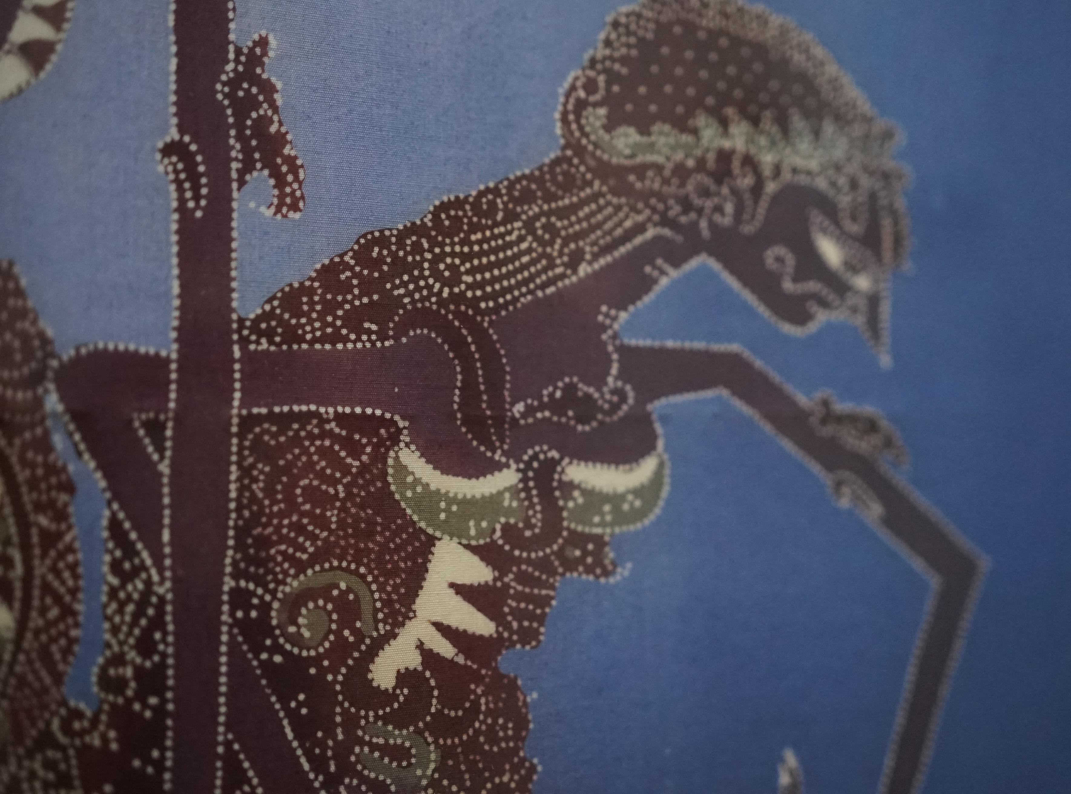 20th Century Theater of Shadows Indo-Filipino Batik Shadow Puppets Painting Signed Ayu For Sale