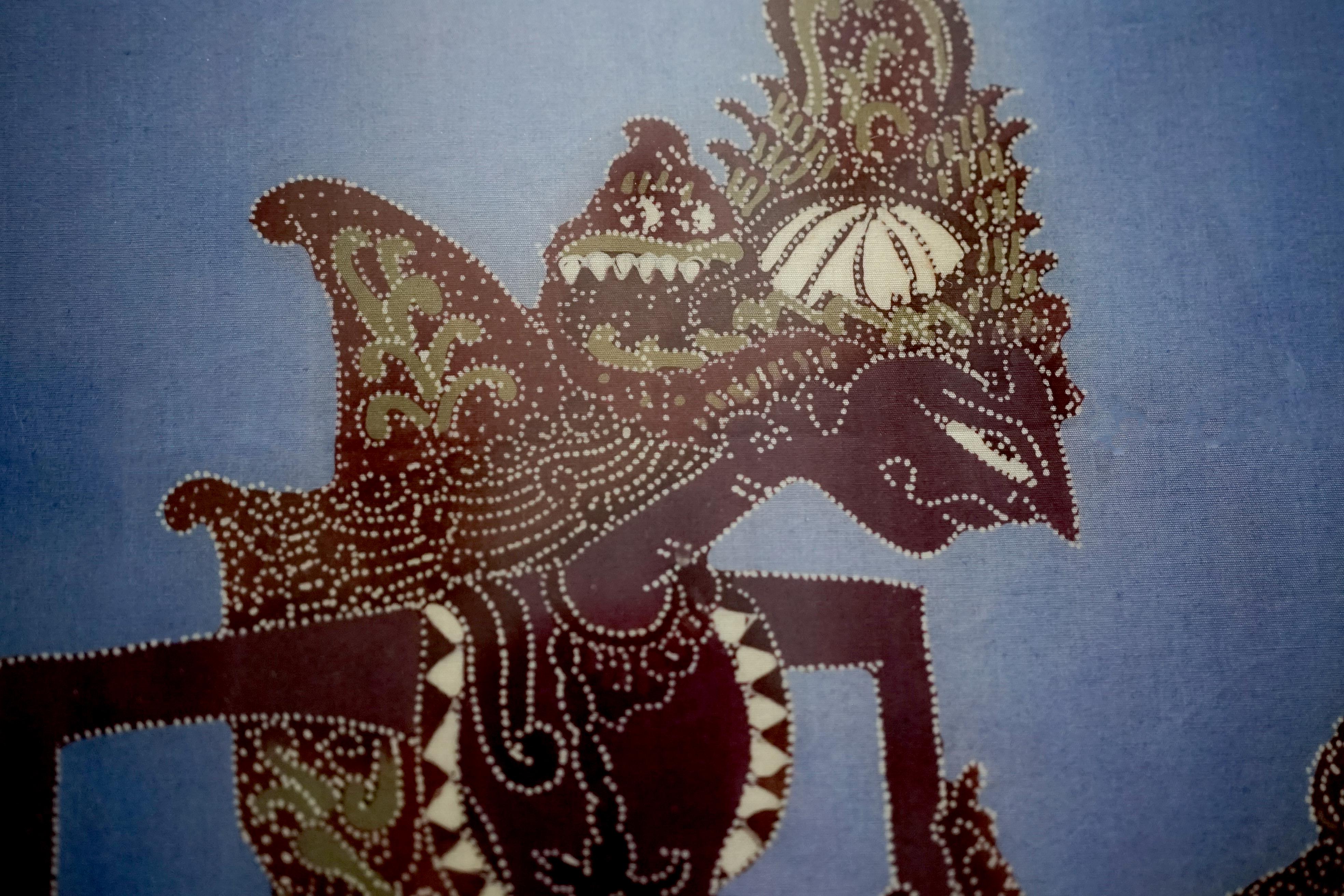 Theater of Shadows Indo-Filipino Batik Shadow Puppets Painting Signed Ayu For Sale 1