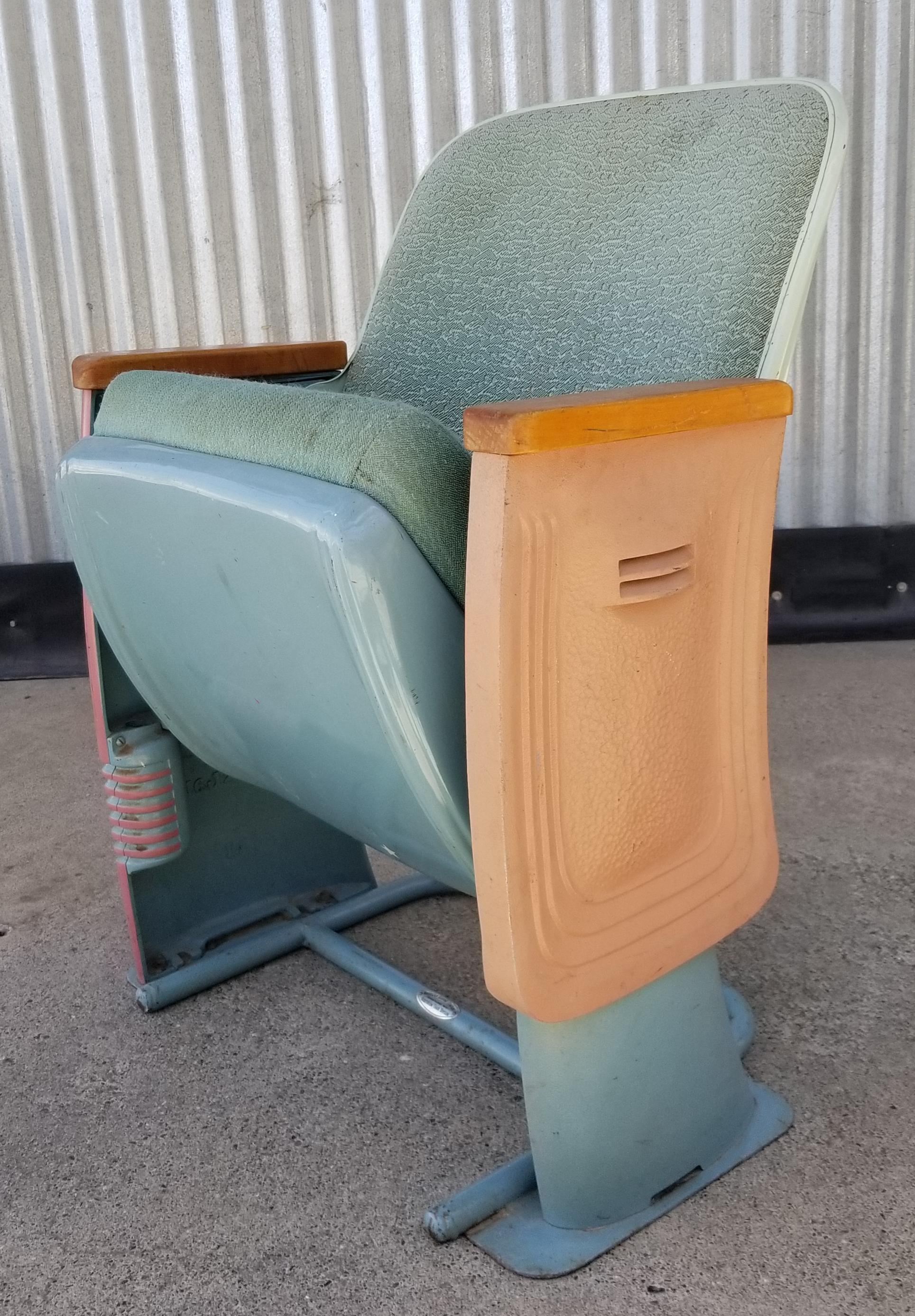A rare mid-20th century Salesman's Sample theater or auditorium seat. Notice each side and armrests are different to show potential clients the choices available to order. See paper label order form indicating style, material, finish and upholstery