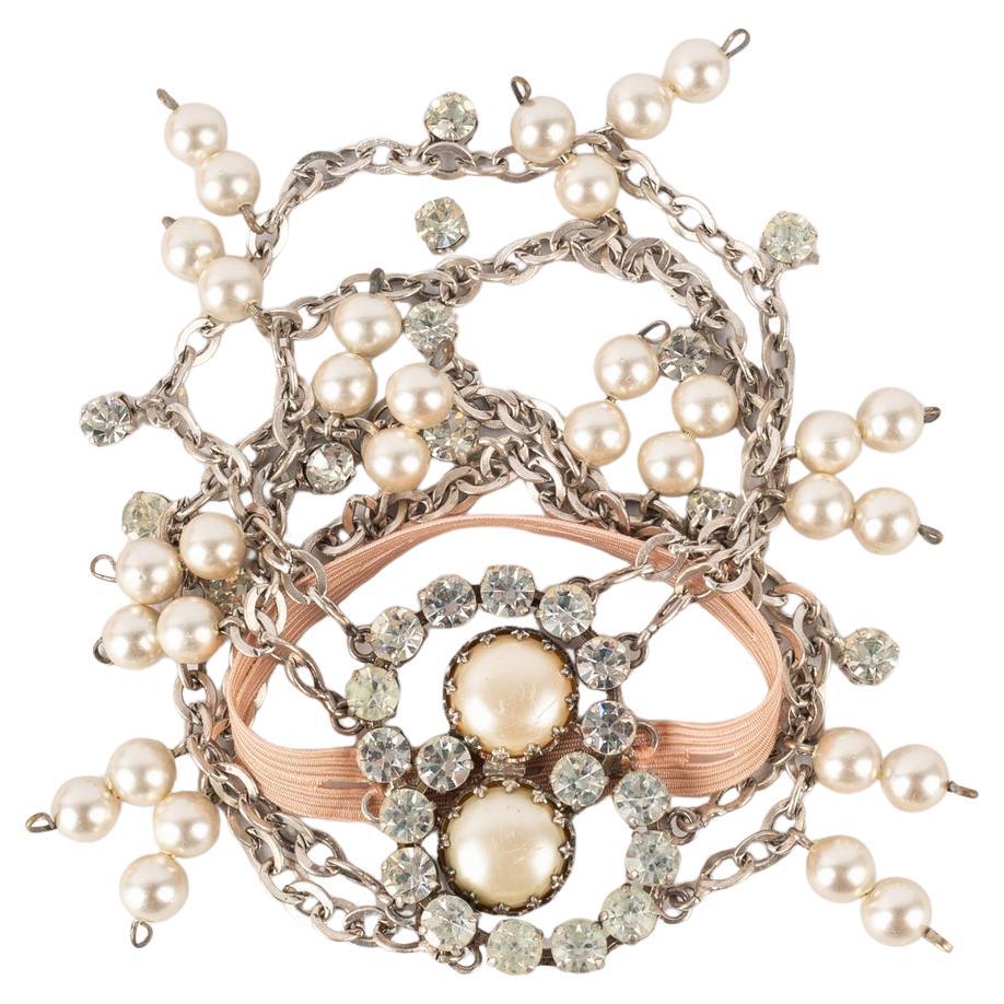 Theater Silvery Metal Drama Arm Bracelet with Rhinestones and Pearls, 1920s For Sale