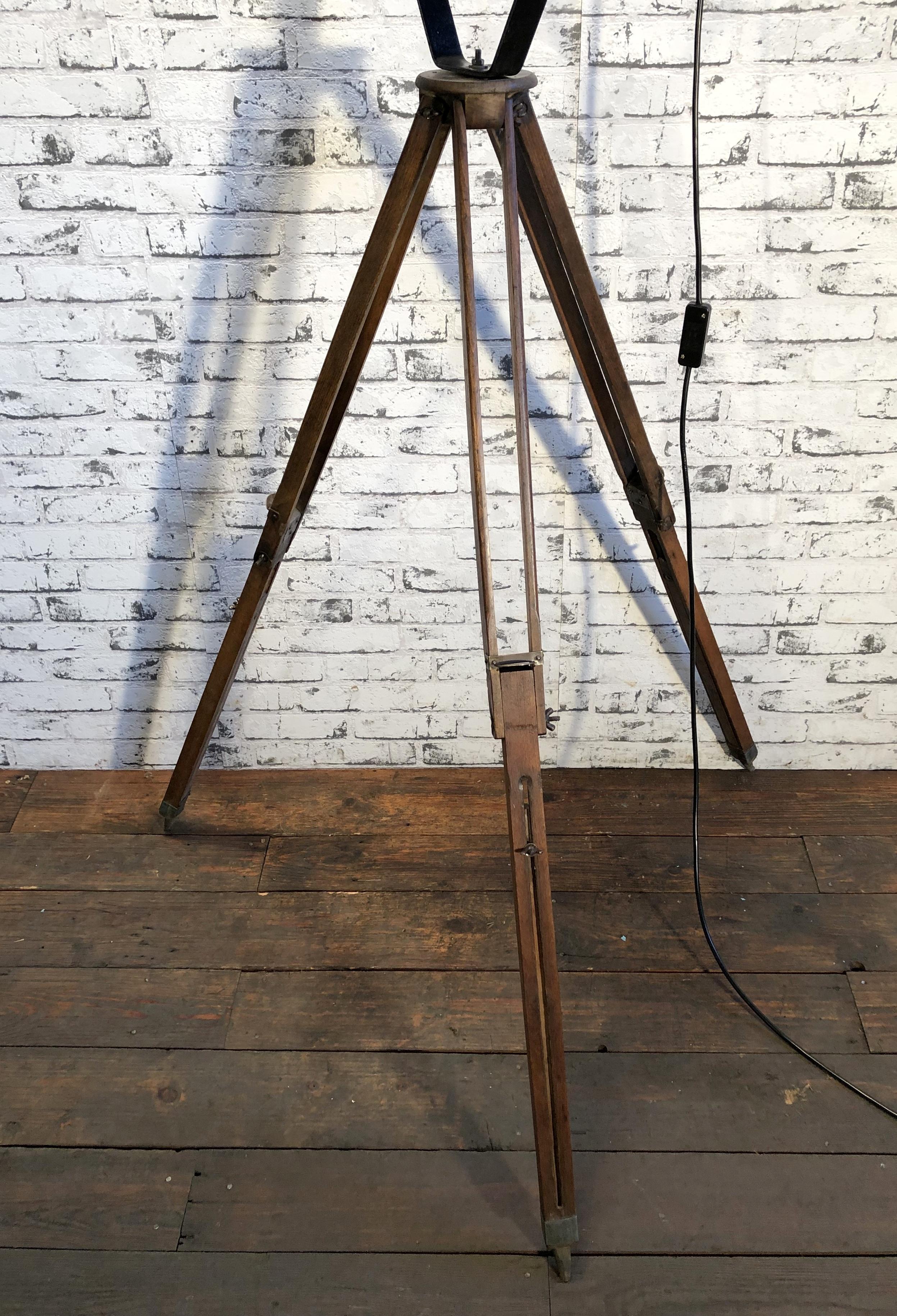 Iron Theater Spotlight on Wooden Tripod Base, 1950s For Sale