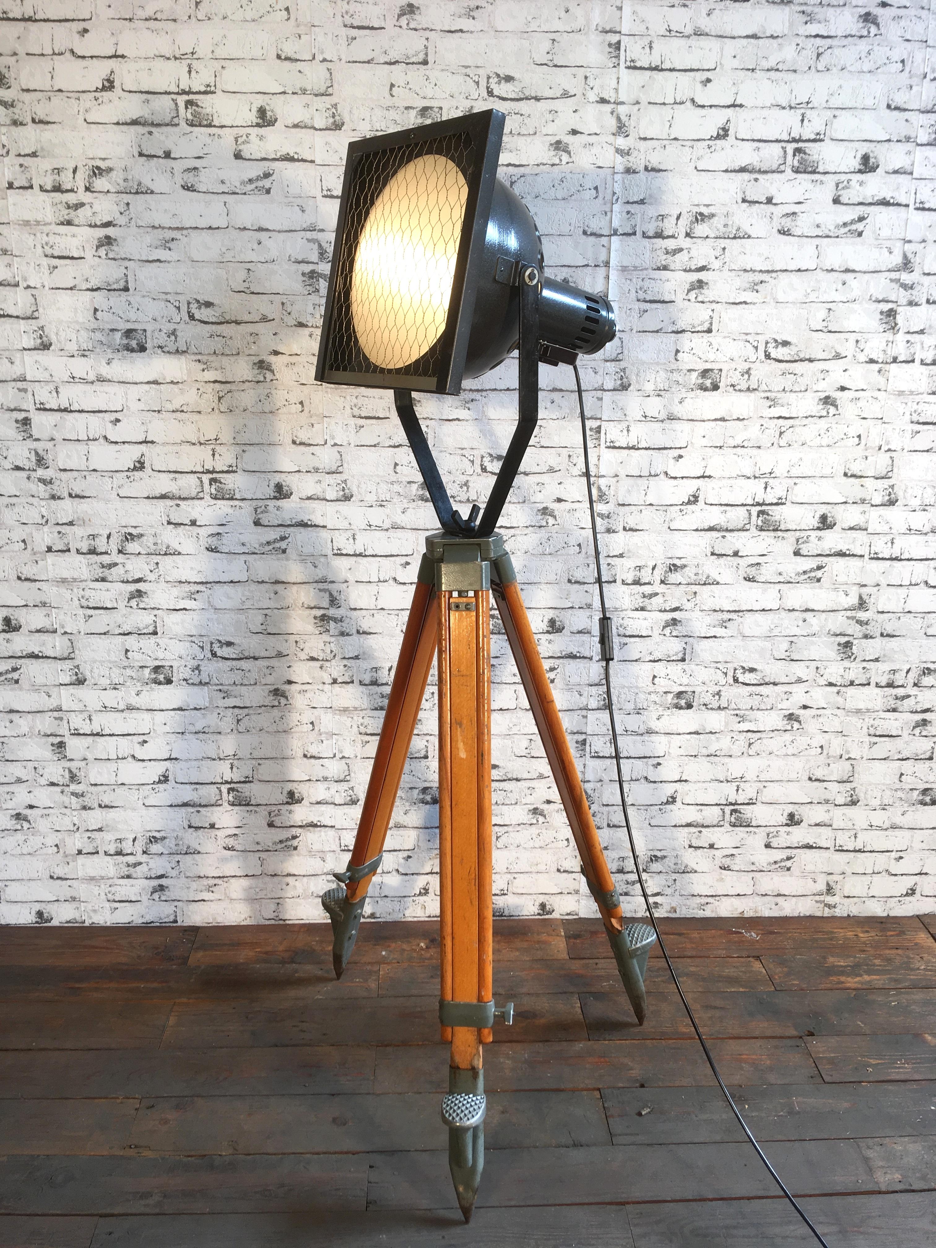 Theater Spotlight with Wooden Tripod Base, 1950s 4