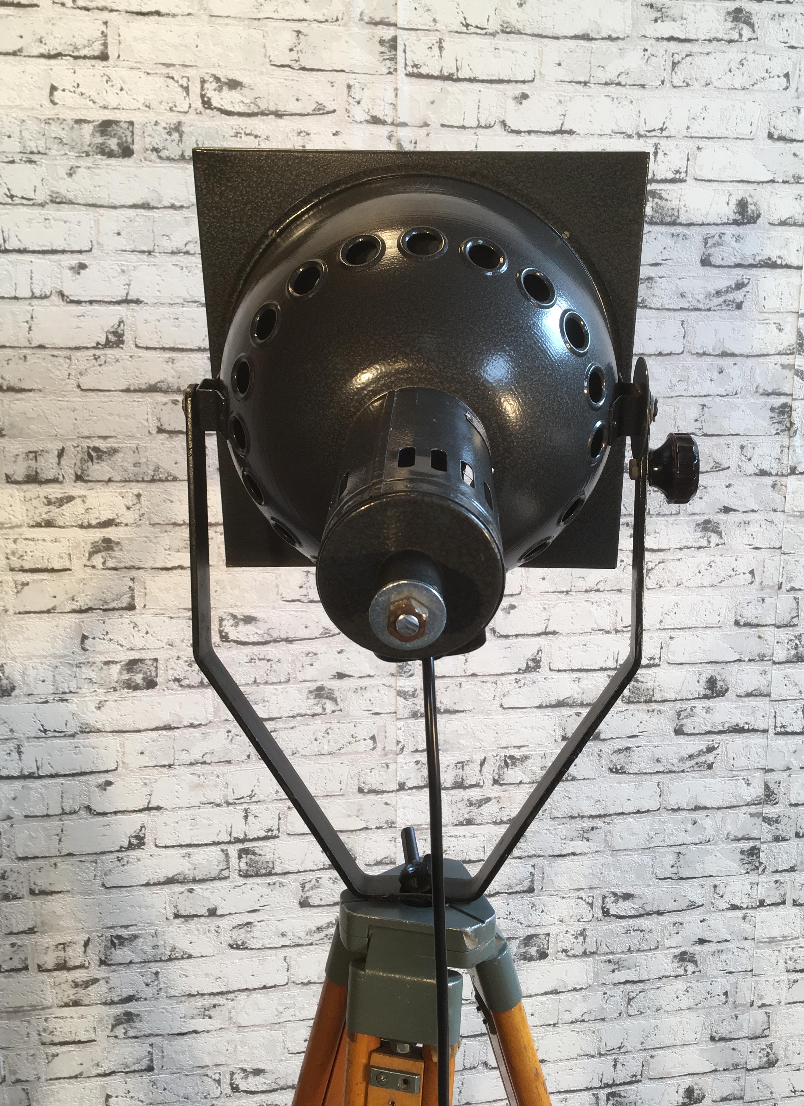 20th Century Theater Spotlight with Wooden Tripod Base, 1950s