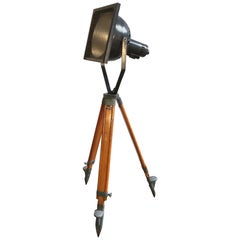 Vintage Theater Spotlight with Wooden Tripod Base, 1950s