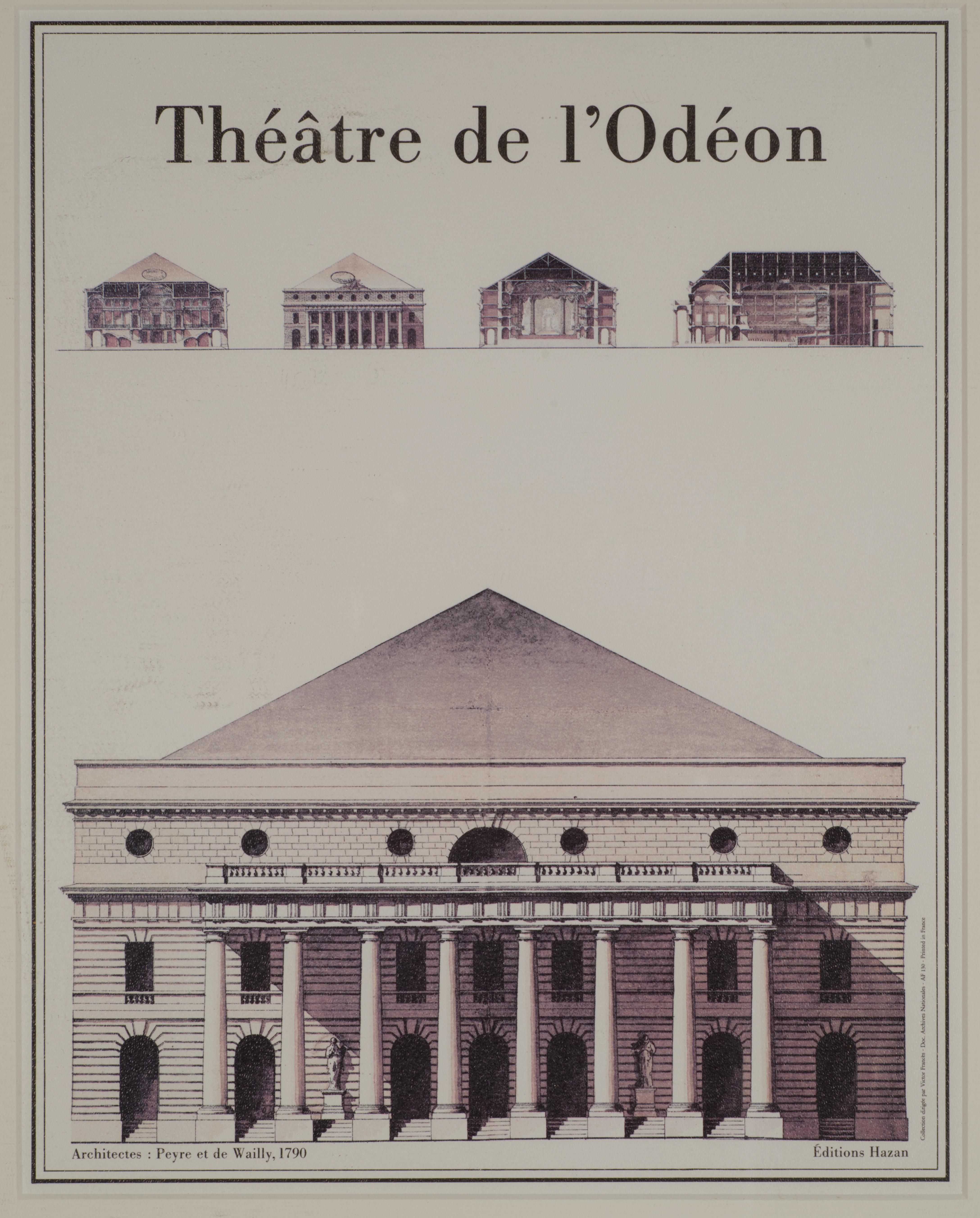 Il poster litografico d'epoca incorniciato e opacizzato presenta i disegni architettonici del Theatre de L'Odeon degli architetti Charles De Wailly e Joseph Peyre. Il poster di Editions Hazan è stato creato negli anni '90 come materiale promozionale