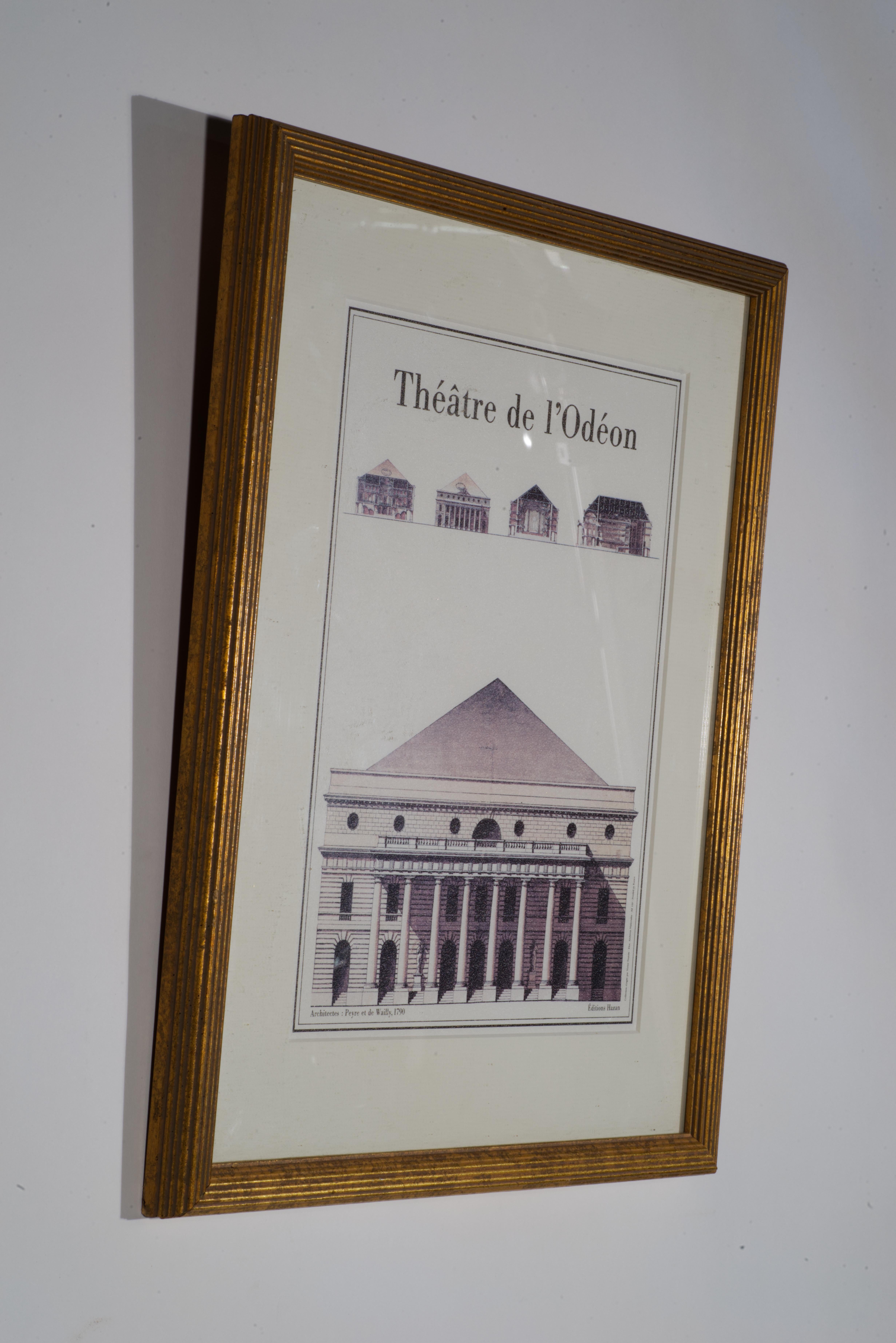 Neoclassico Poster con disegni architettonici del Teatro dell'Odeon, incorniciato, vintage in vendita