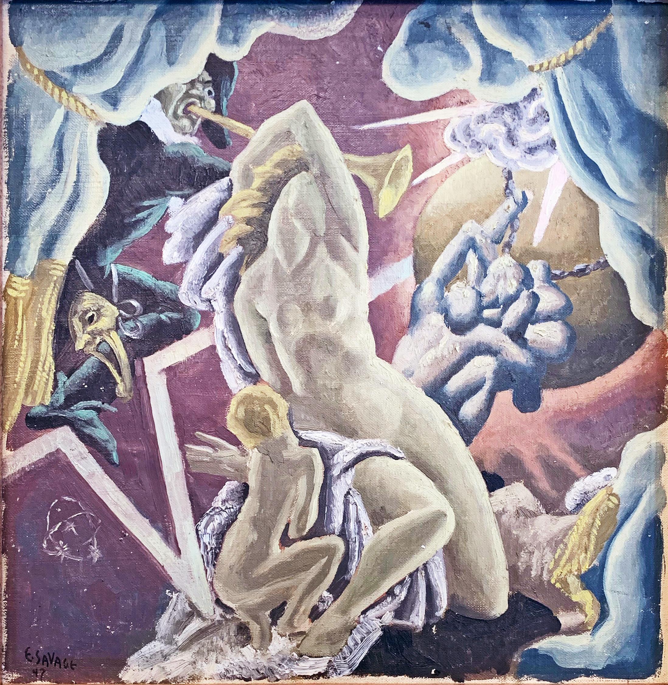 This extraordinary, almost surreal scene by one of America's leading muralists in the Art Deco period, Eugene Savage, depicts a floating female nude on the stage, with figures of Comedy and Tragedy blowing trumpets to her right, theater curtains