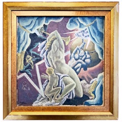 "Theatrical Scene, " Art Deco Painting with Tragedy, Comedy in Celestial Setting