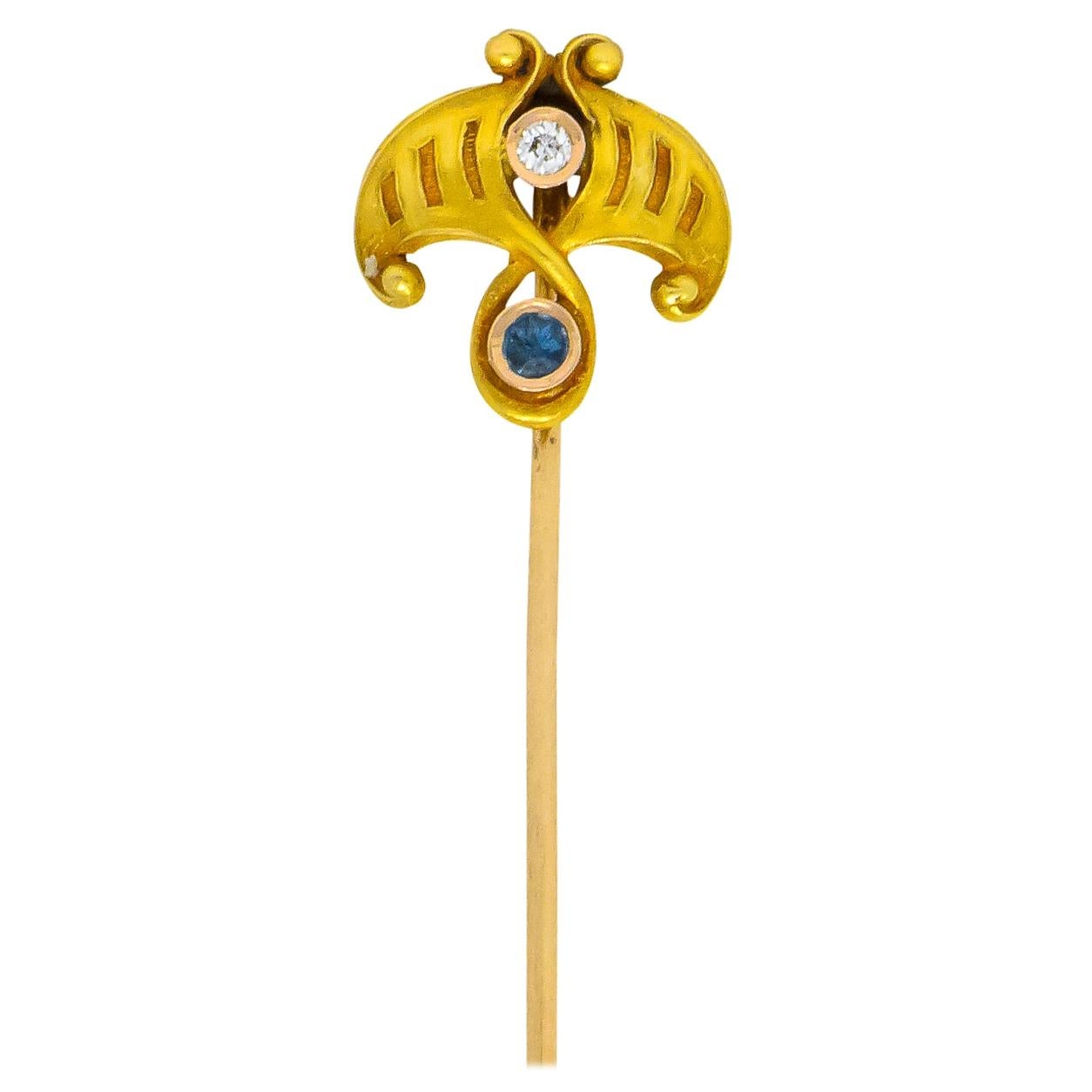 Theberath & Co. Art Nouveau Diamond Sapphire 14 Karat Gold Ginkgo Stickpin