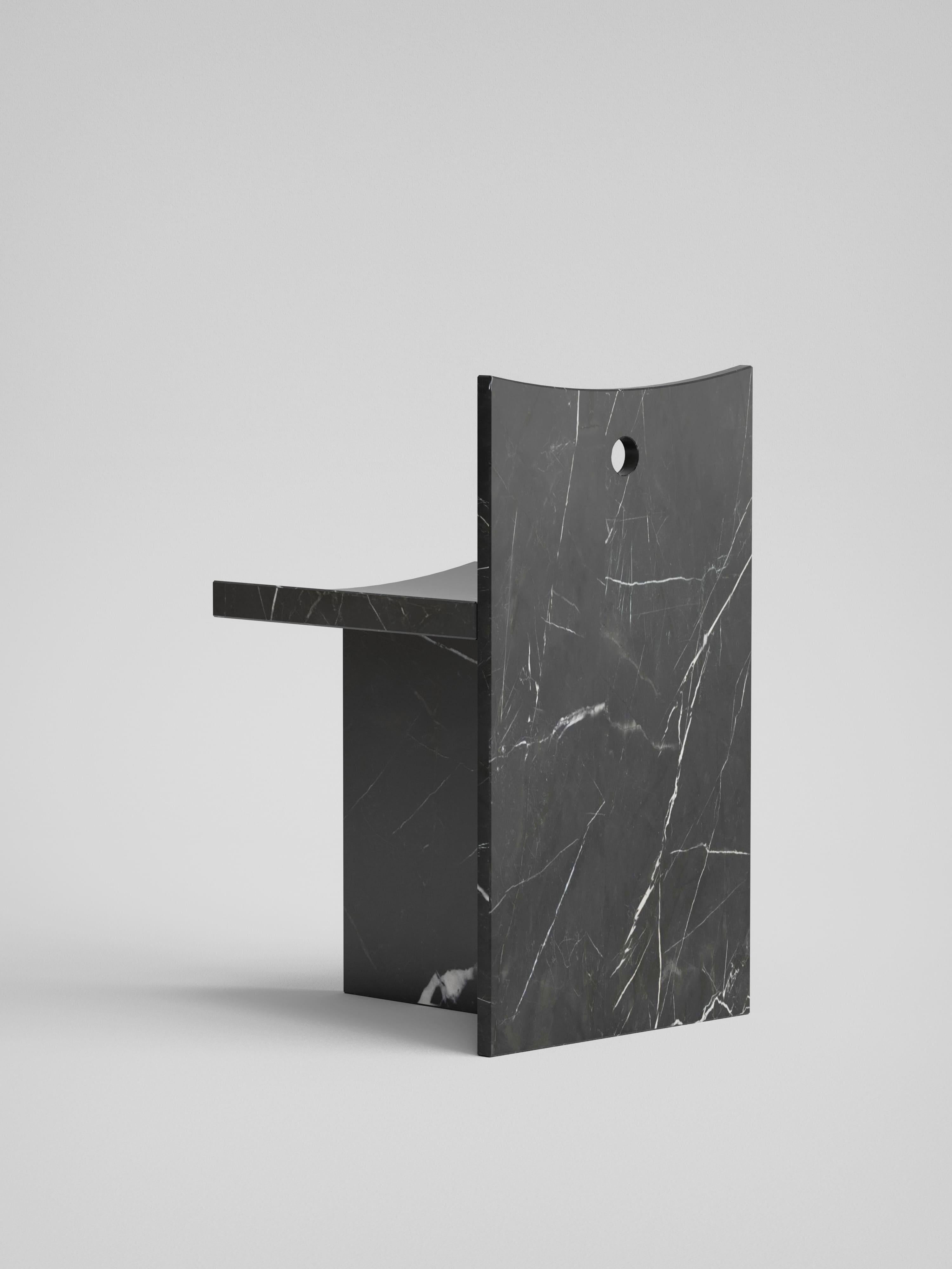 Carved Thebes - Marquina Black Marble Low Back Chair Designed by McGannon Saad For Sale