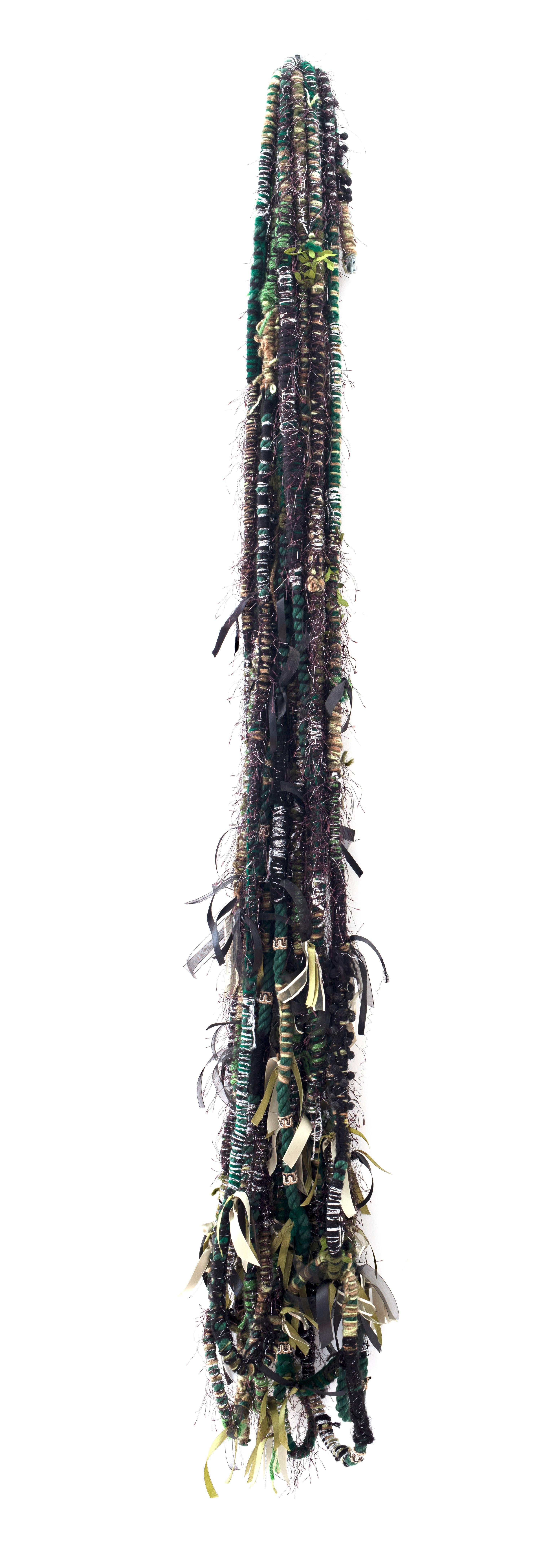 Fiber wall hanging: 'Politics of Hair: Camo Green'  - Black Abstract Sculpture by Theda Sandiford