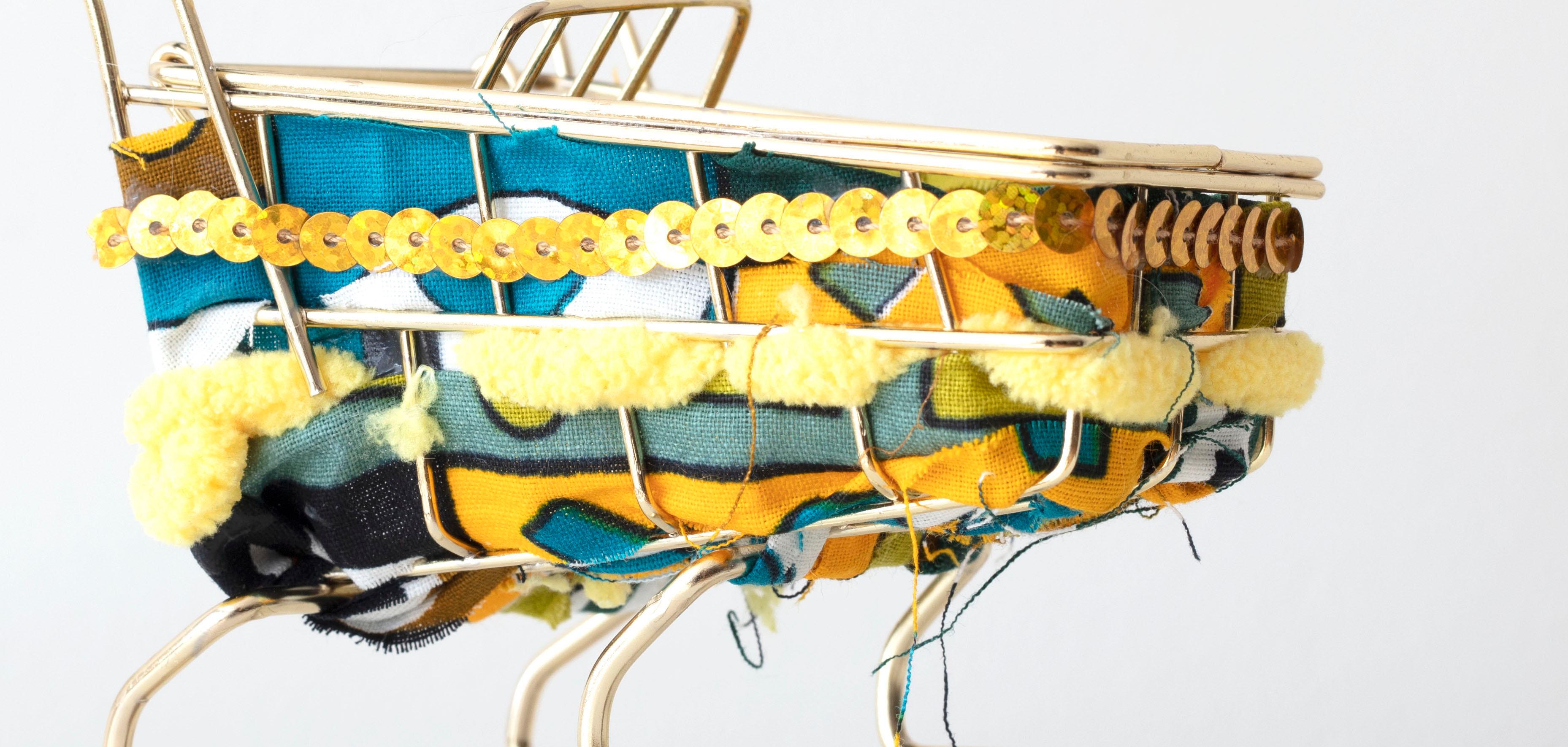 Mini shopping cart: 'Mini Teal Yellow Baggage Cart' Mini Emotional Baggage Cart  - Contemporary Mixed Media Art by Theda Sandiford