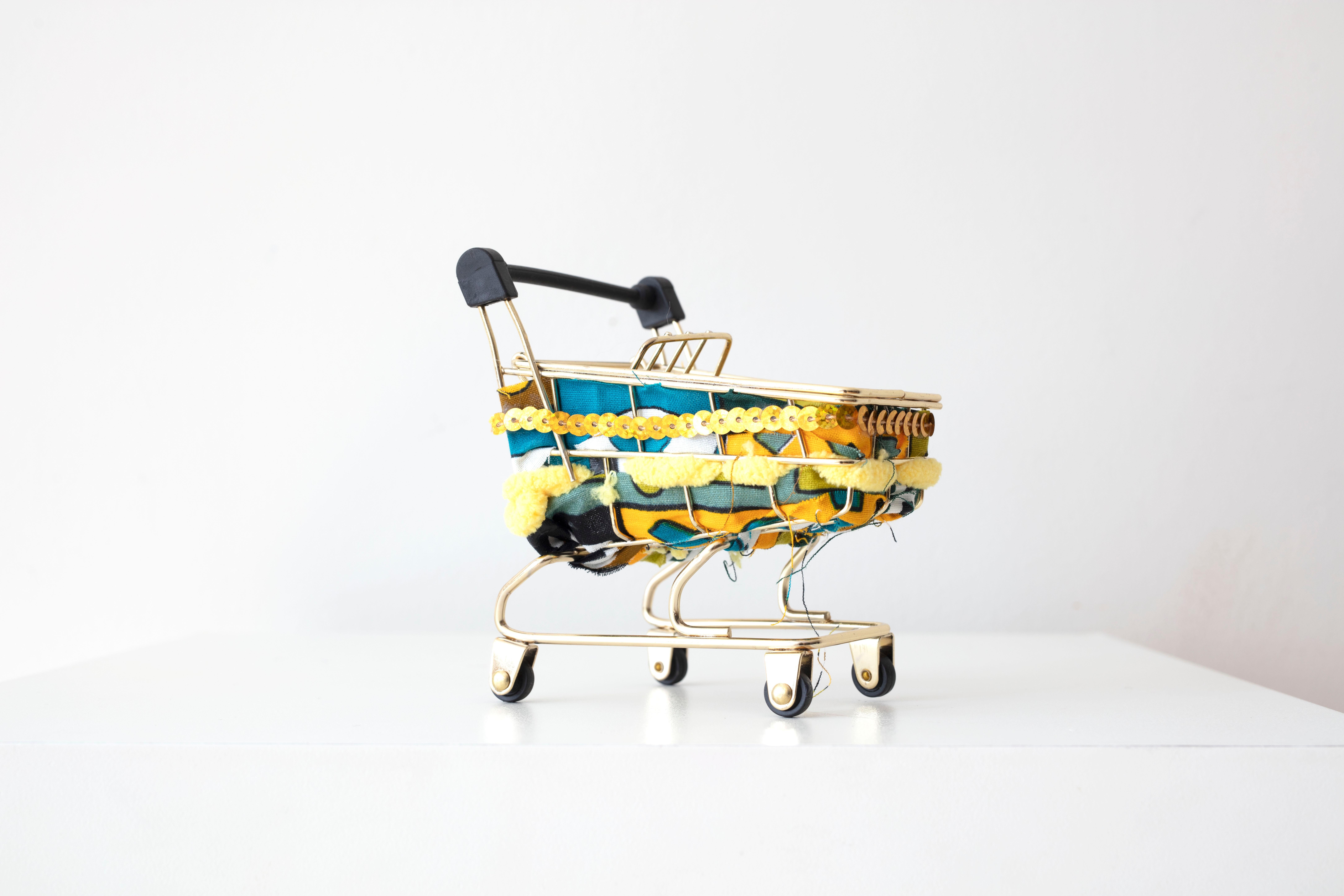 Mini shopping cart: 'Mini Teal Yellow Baggage Cart' Mini Emotional Baggage Cart  - Mixed Media Art by Theda Sandiford