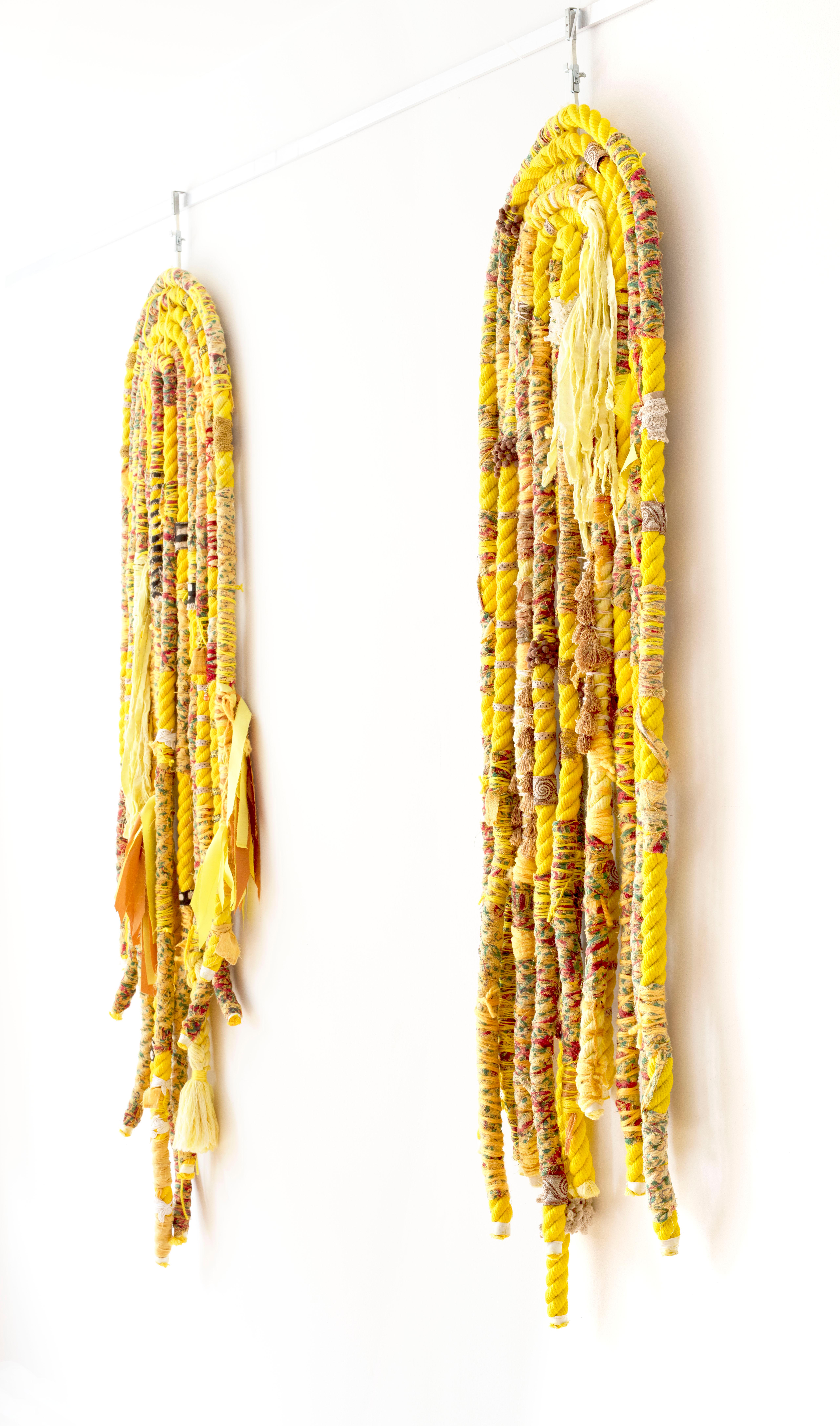 Large fiber wall hangings: 'Yellow Fringe Gal 1 & 2' - Mixed Media Art by Theda Sandiford