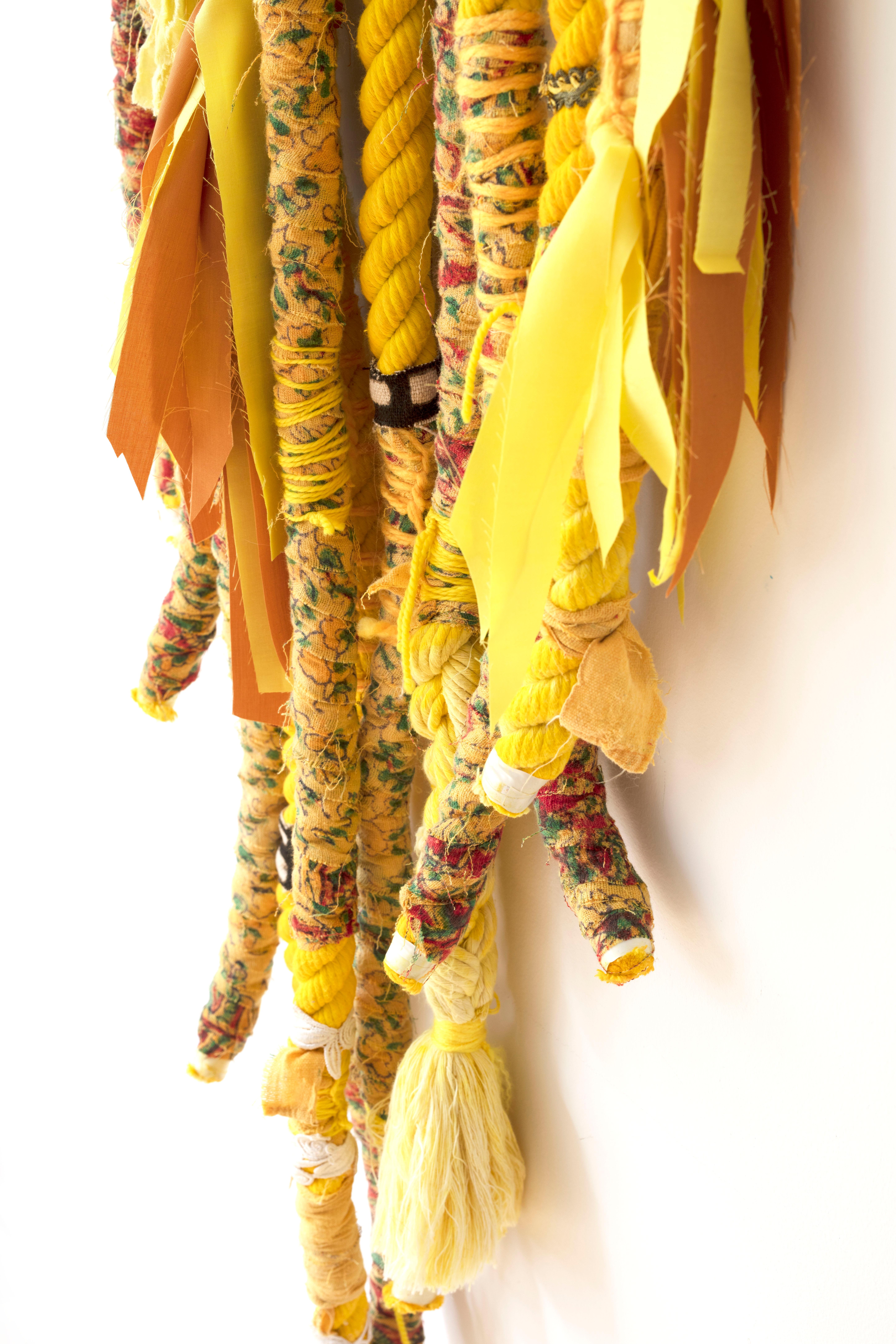 Large fiber wall hanging: 'Yellow Fringe Gal 2' - Contemporary Mixed Media Art by Theda Sandiford