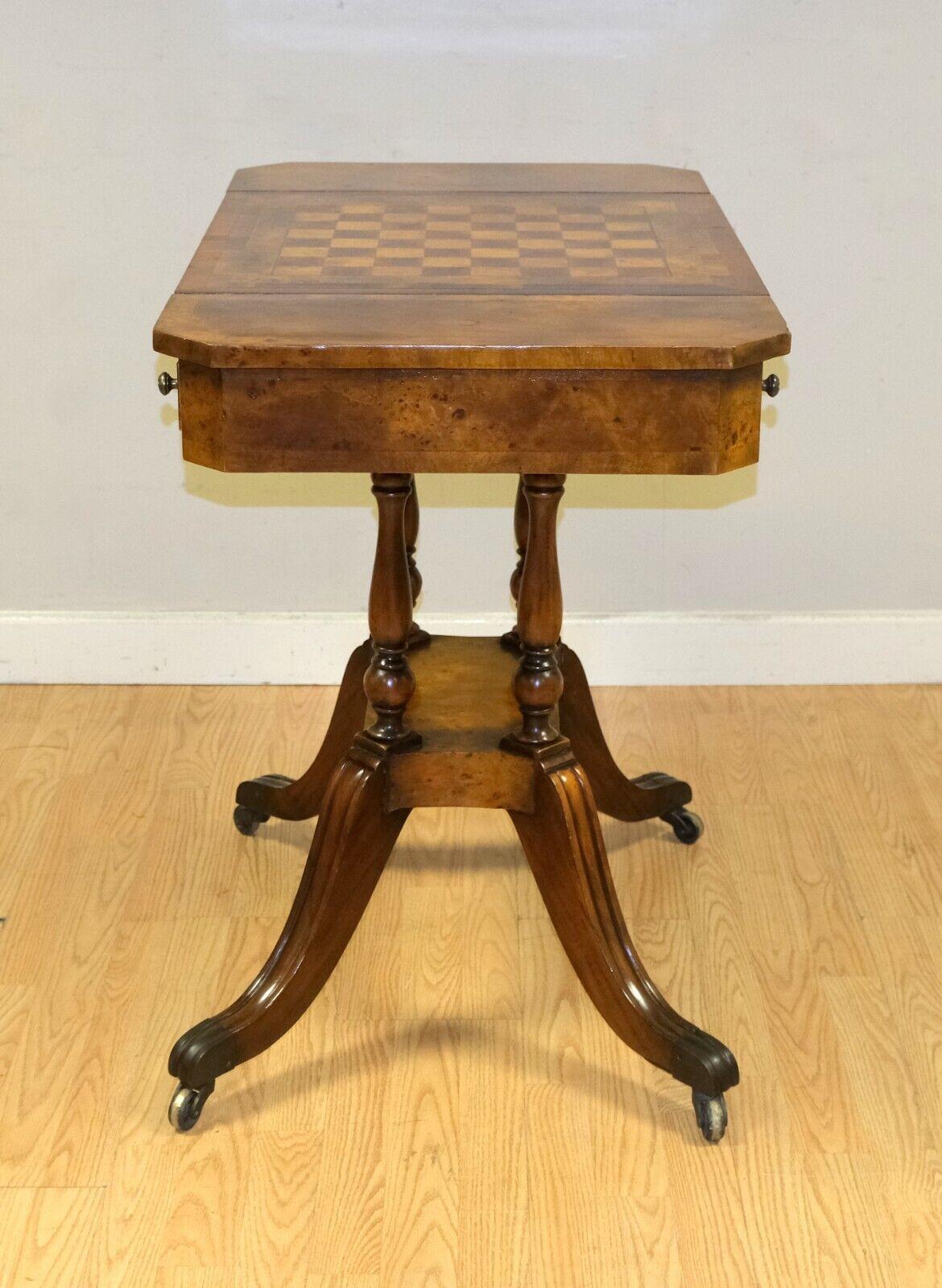 Hand-Crafted Thedore Alexander Burr Walnut Brown Leather Games Chess Table Reversible Top For Sale