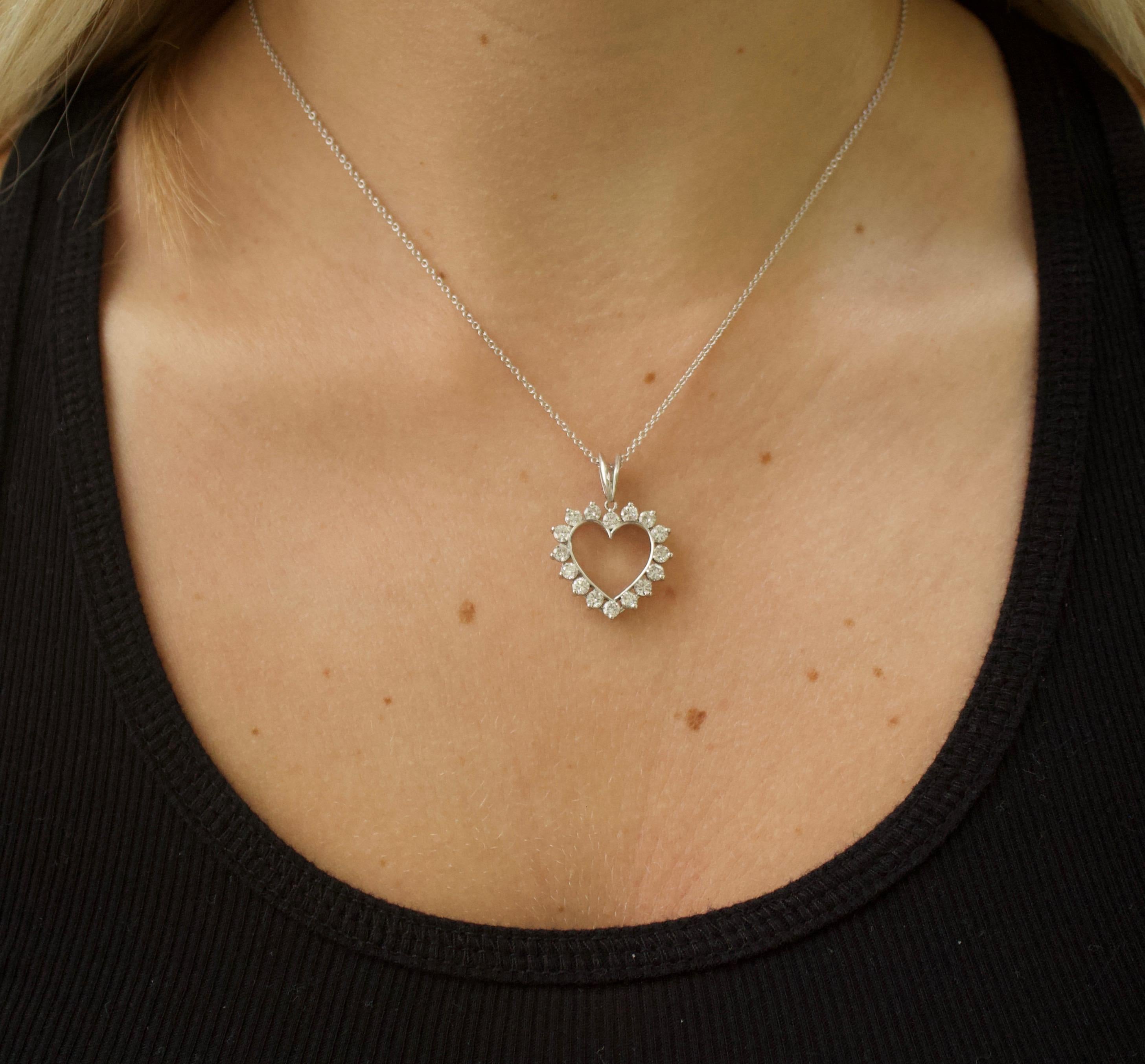 Thee Classic Diamond Heart Pendant on Chain 1.75 Carats Circa 1960's For Sale 1