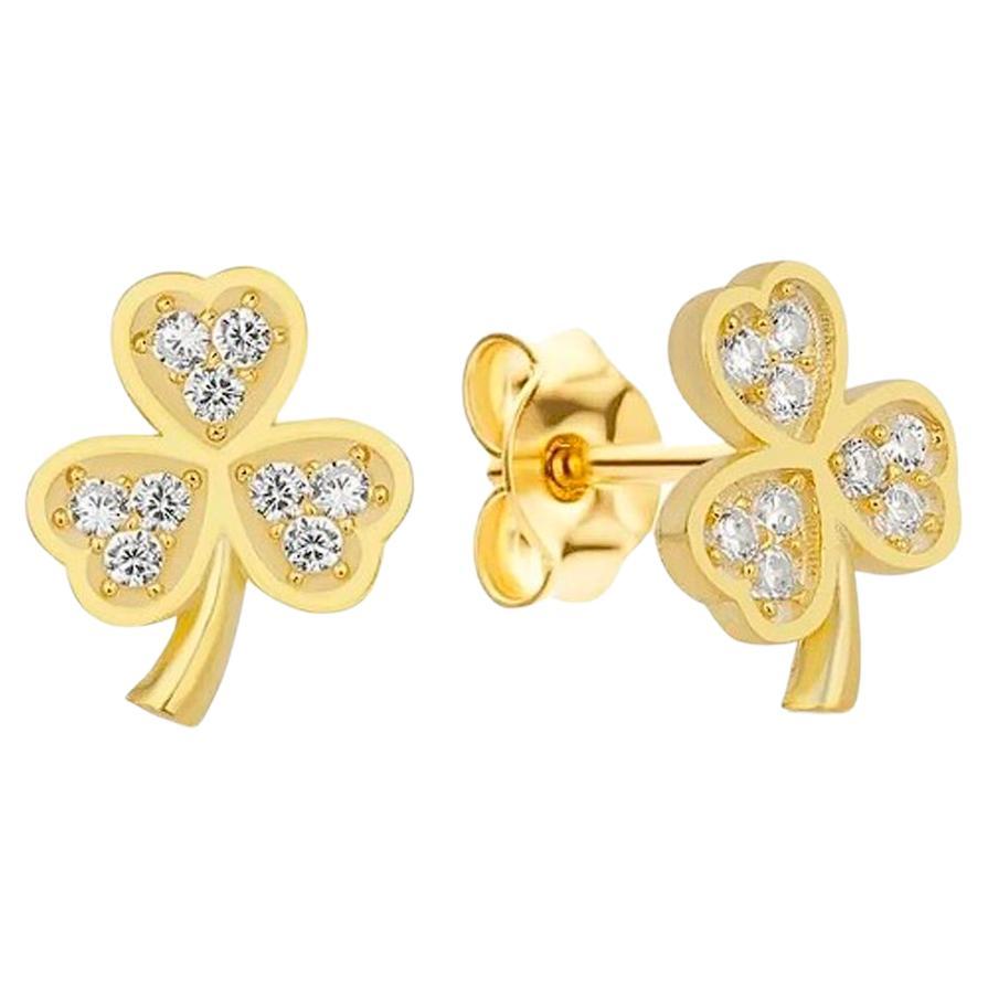 Thee-Leaf Clover Studs Earings in 14k gold.  For Sale