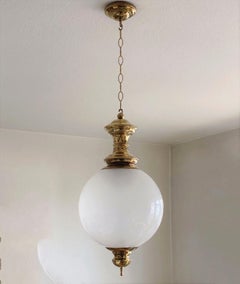 Large Azucena Murano Opalescent Glass Globe Brass Thee-Light Pendant Italy 1950s