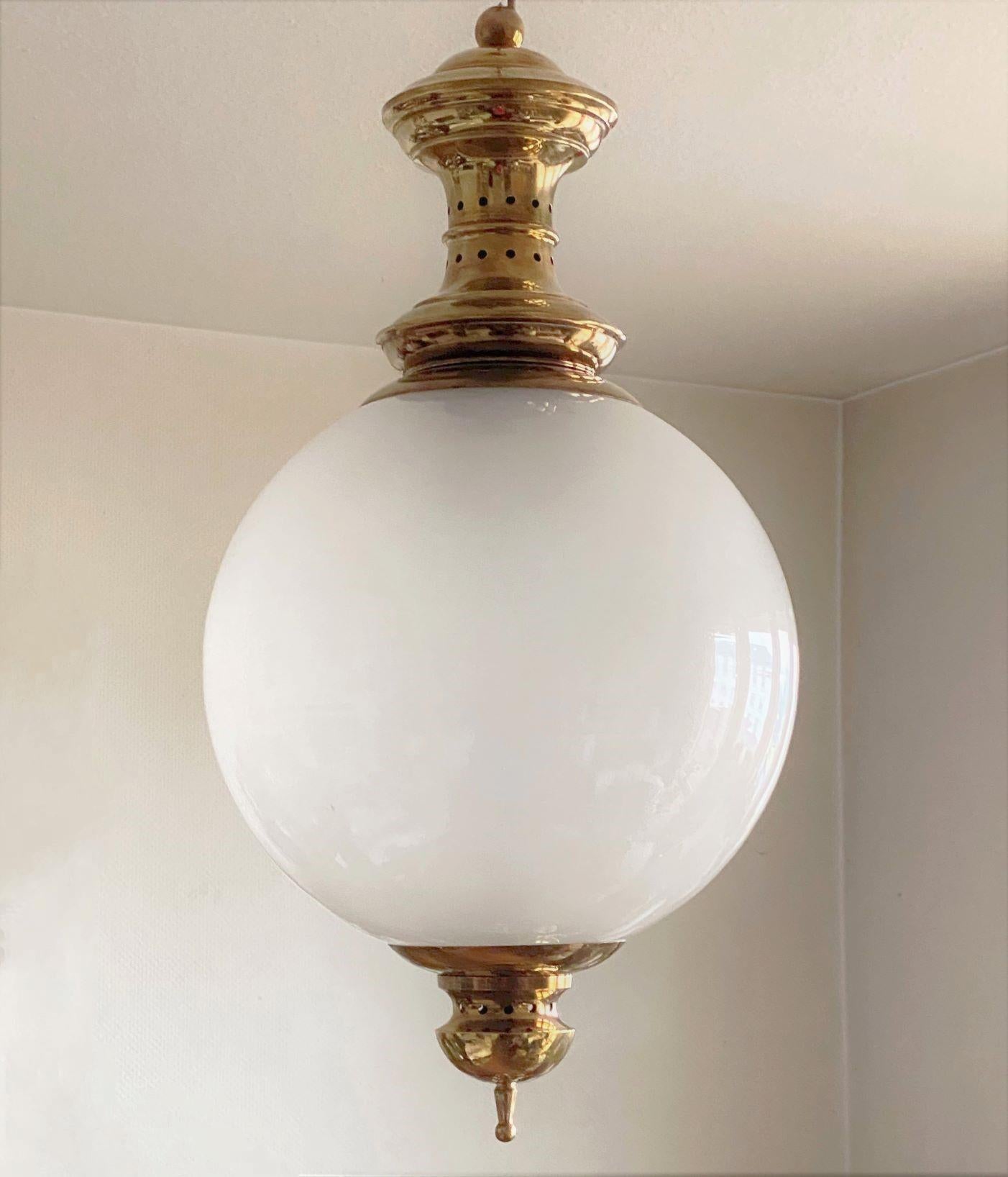 Italian Large Azucena Murano Opalescent Glass Globe Brass Thee-Light Pendant Italy 1950s For Sale