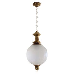 Retro Large Azucena Murano Opalescent Glass Globe Brass Thee-Light Pendant Italy 1950s