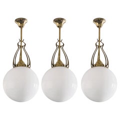 Thee Scandinavian Art Deco Theater Pendants Brass Hand-blown Opaline, 1920-1930
