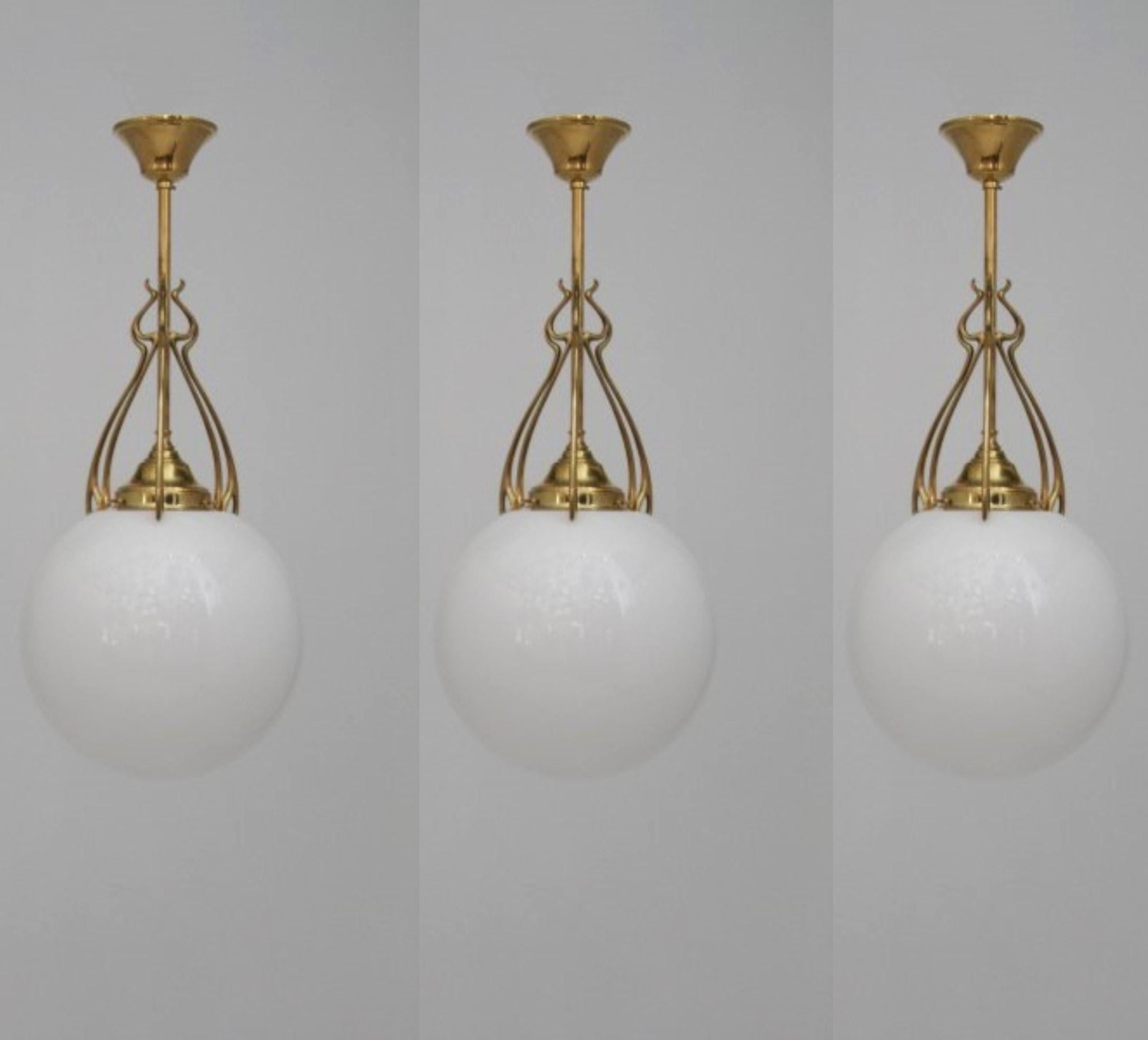 Thee Scandinavian Art Deco Theater Pendants Brass Hand-blown Opaline, 1920-1930 9