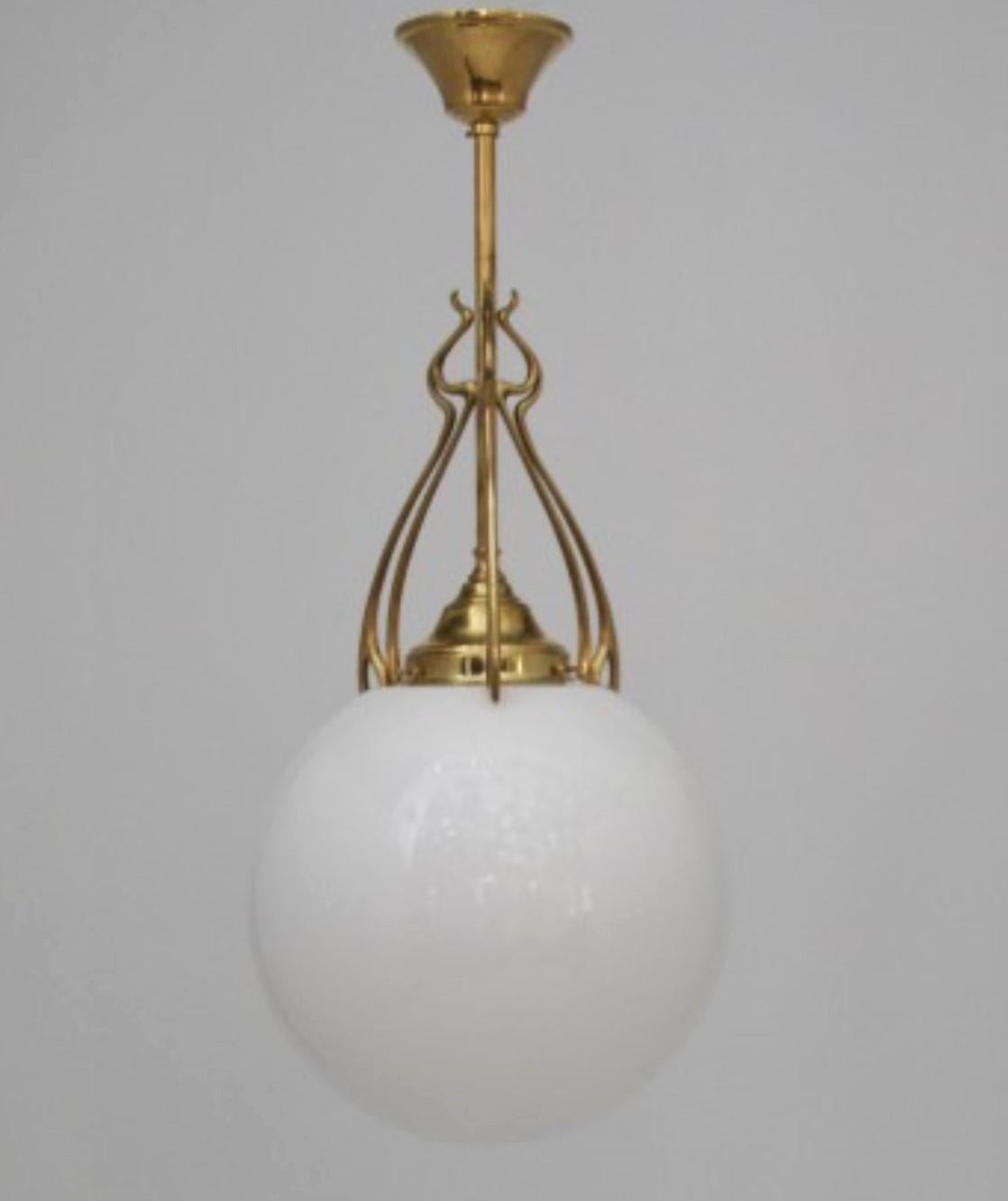 Thee Scandinavian Art Deco Theater Pendants Brass Hand-blown Opaline, 1920-1930 11