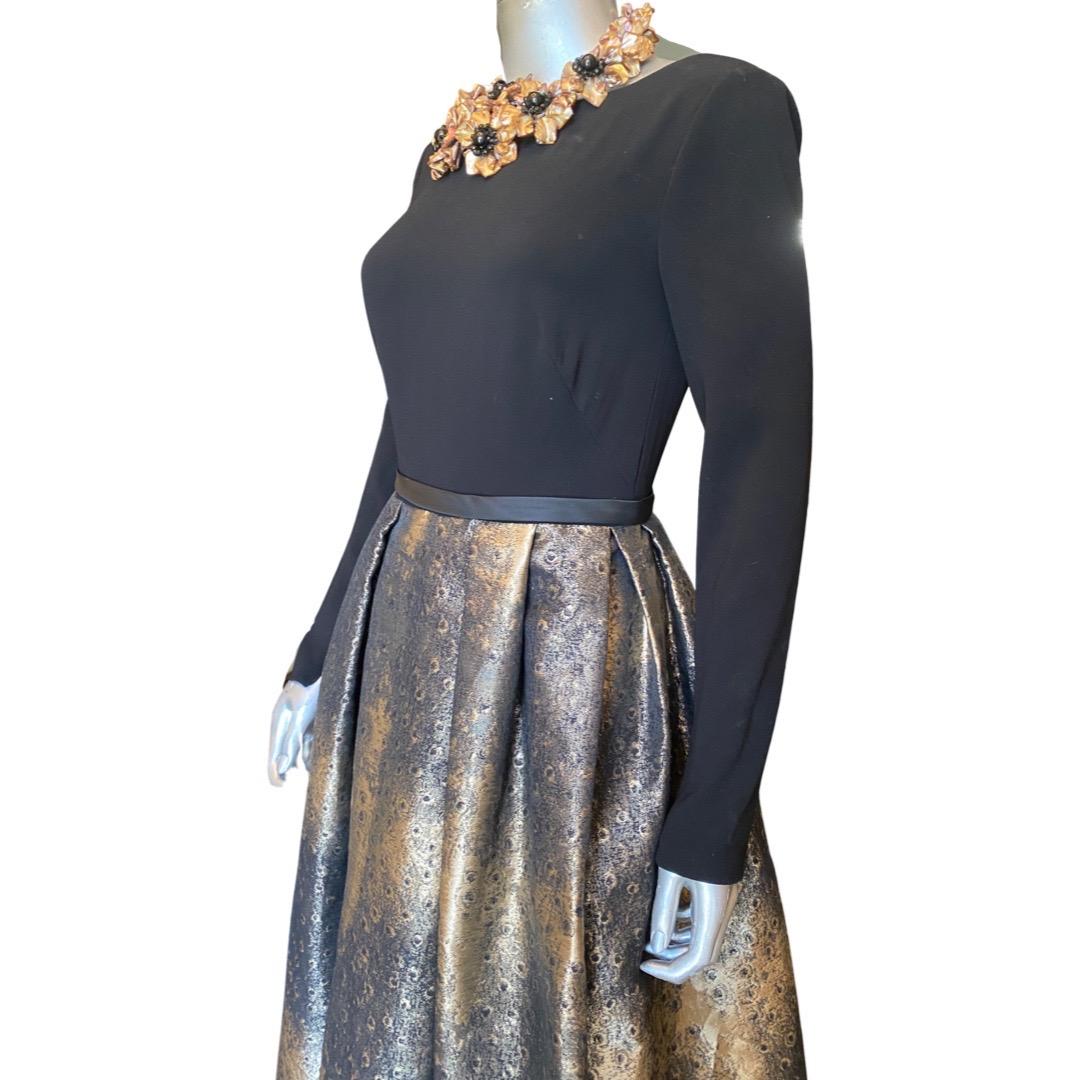 Theia Glamour Black Long Sleeve Evening Dress with Full Irredescent Skirt Size 4 8