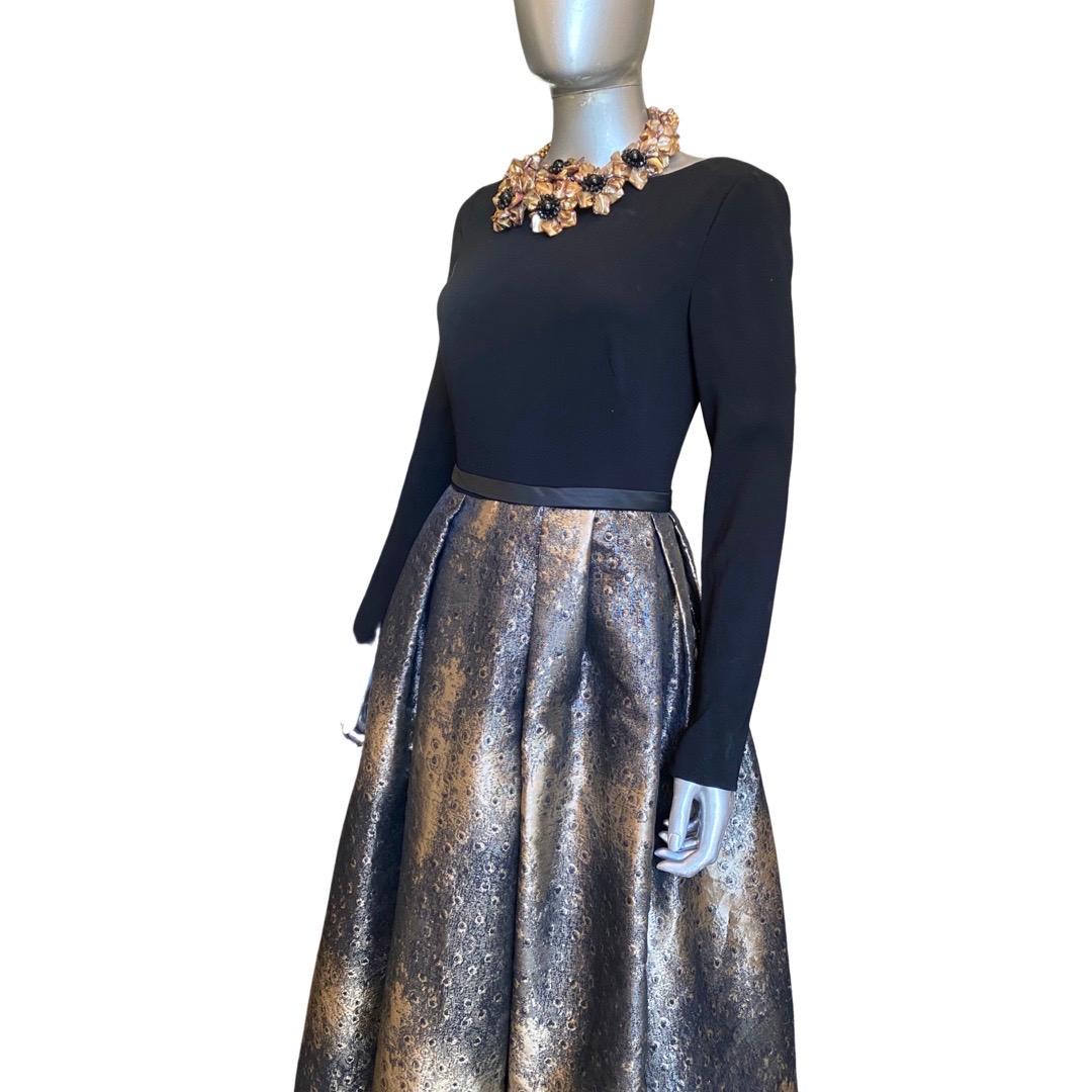 Theia Glamour Black Long Sleeve Evening Dress with Full Irredescent Skirt Size 4 In Good Condition For Sale In Palm Springs, CA