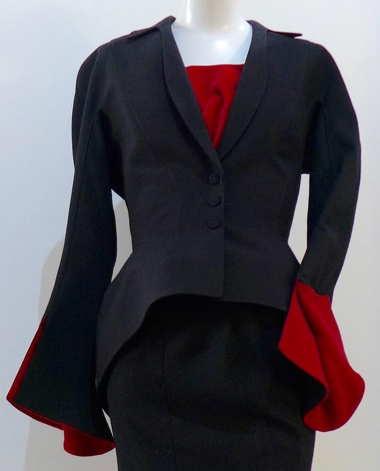 THEIRRY MUGLER Black and Red Velvet Skirt Suit with Tank Size 40 at 1stDibs
