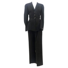 THIERRY MUGLER Costume pantalon à rayures surpiqué noir et blanc Taille 40