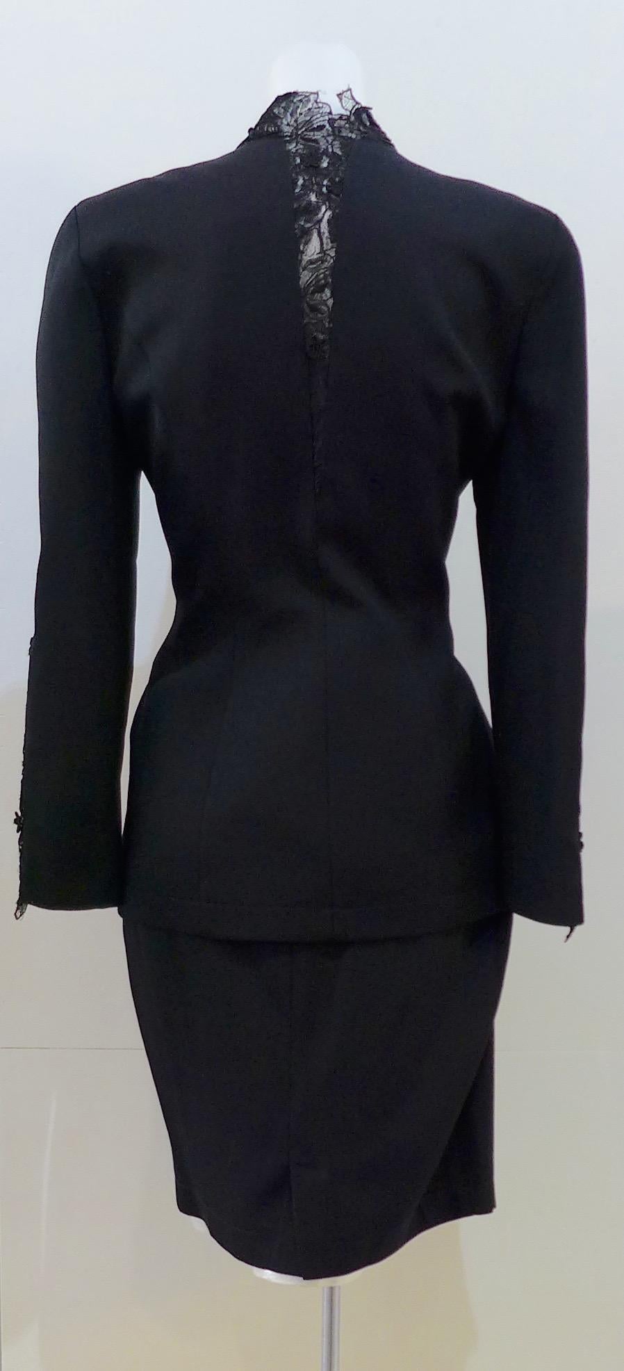 Women's THIERRY MUGLER Black Skirt Suit With Lace Details Size 40 For Sale
