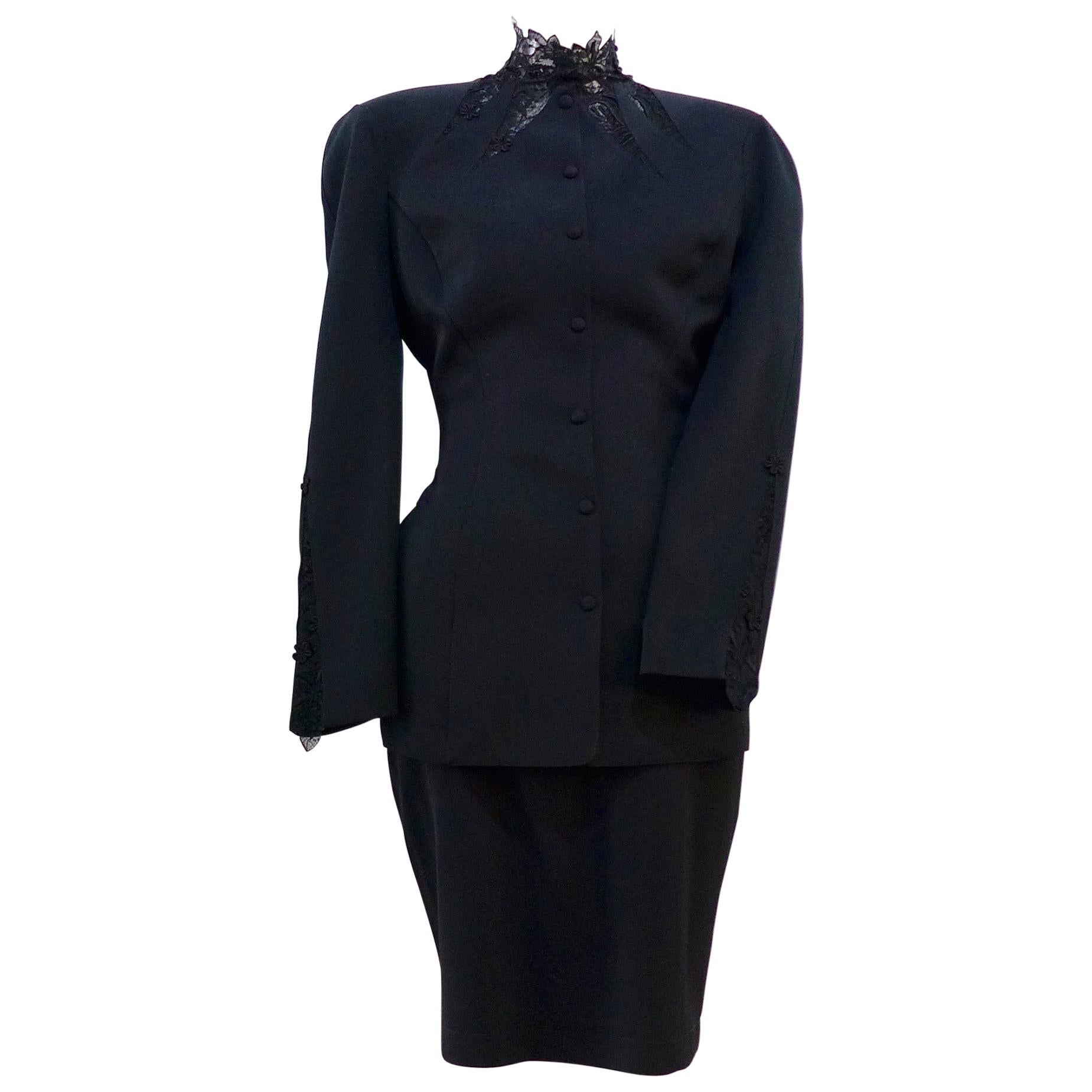 THIERRY MUGLER Black Skirt Suit With Lace Details Size 40 For Sale