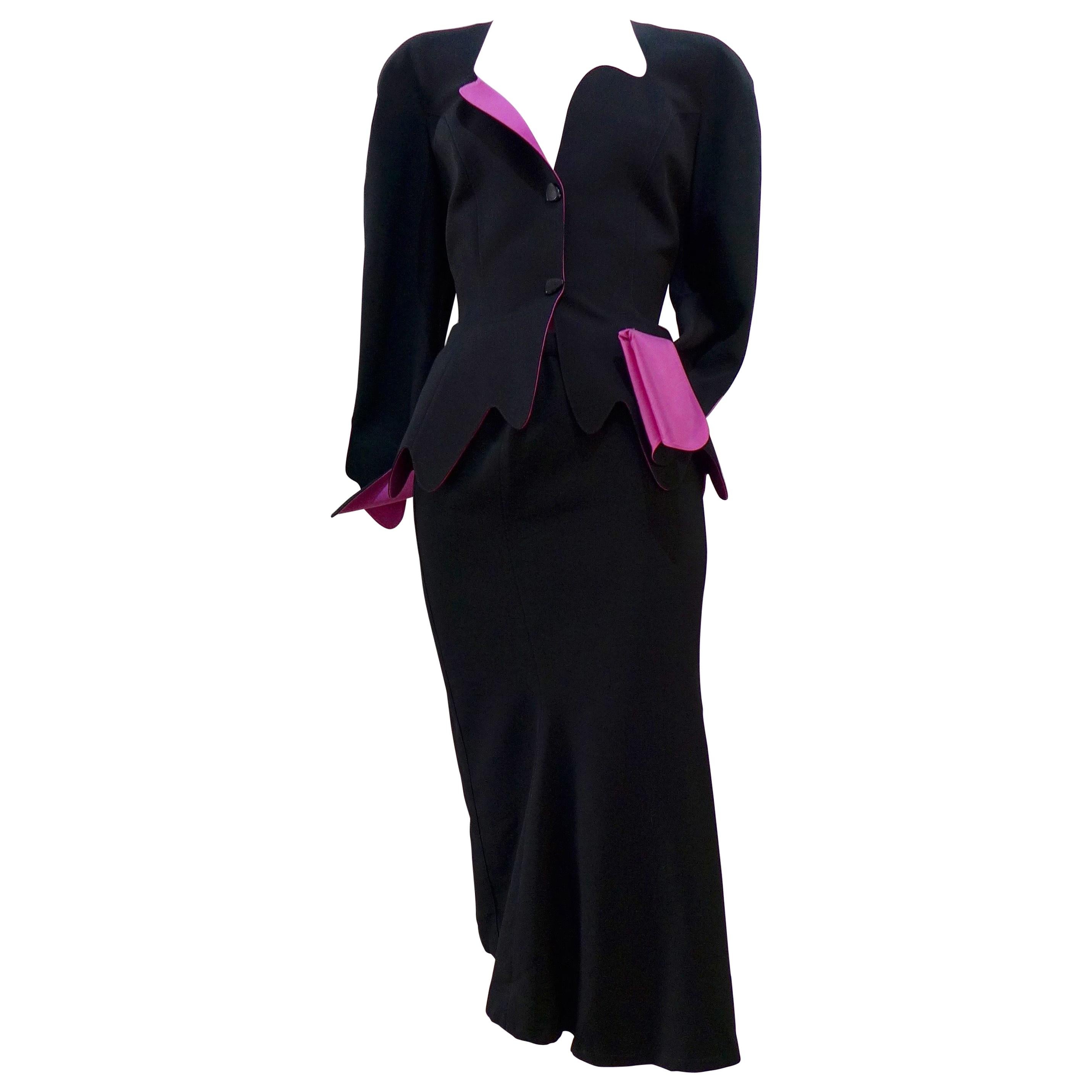 THIERRY MUGLER Black with Pink Lining and Cuff Skirt Suit Size 40