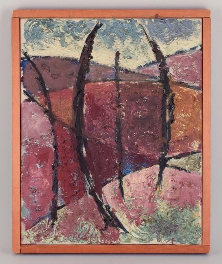 Thelma Åkerman (1904-1996), Swedish artist. 
Oil on canvas. 
Abstract landscape with thick, textured brushstrokes and a colourful palette.
Signed.
Ca 1960.
In perfect condition.
Canvas dimensions: 40.0 cm x 50.0 cm.
Total dimensions: 44.0 cm x 54.0