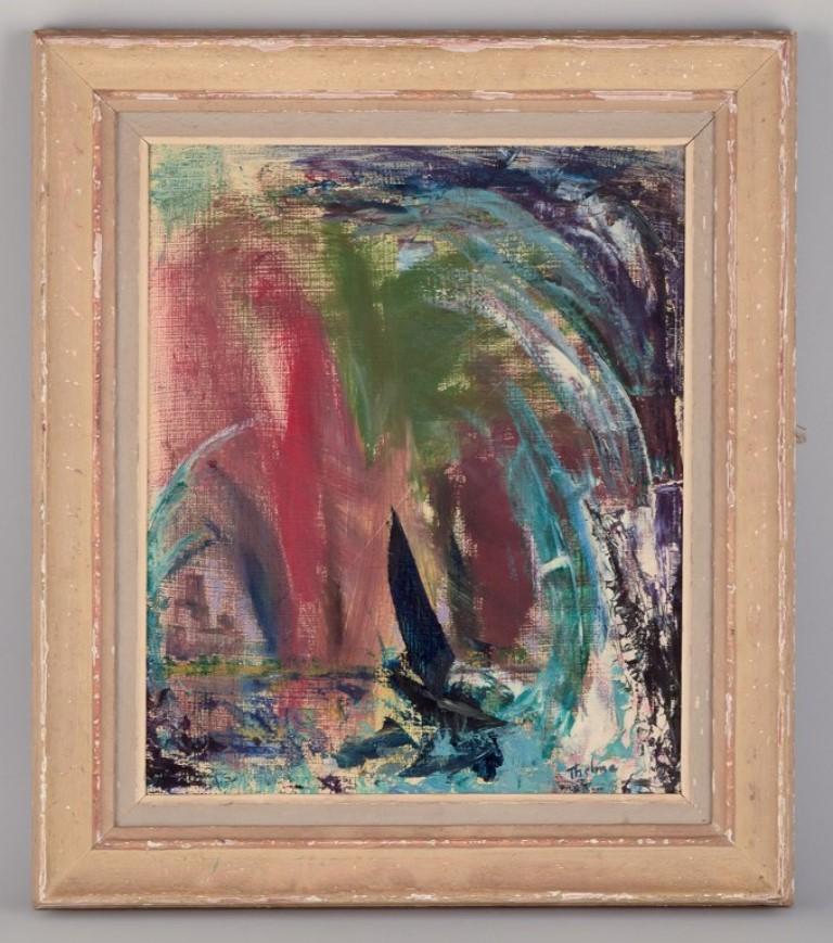 Thelma Åkerman, Swedish artist. 
Oil on masonite board. 
Abstract composition with a colorful palette. 
Approximately from the 1960s.
Signed.
The painting is in excellent condition. The frame has some chips.
Canvas dimensions: 37.0 cm x 45.0
