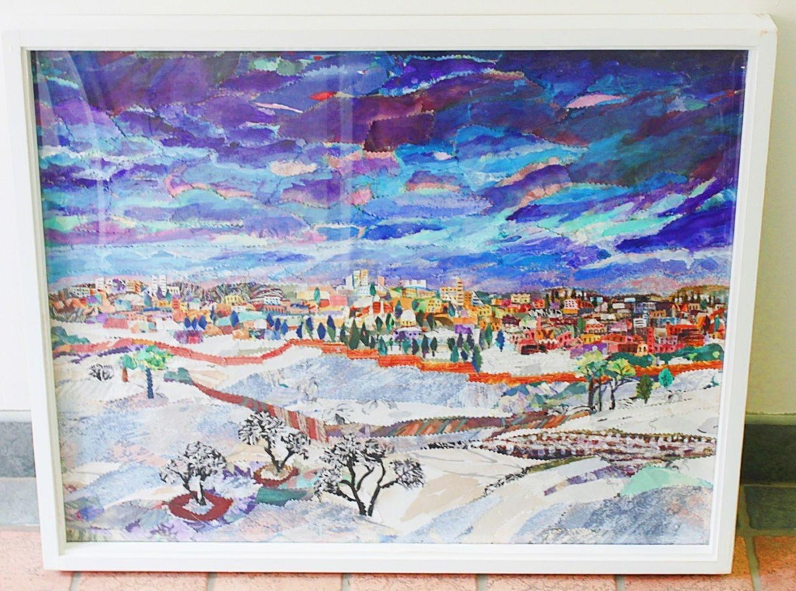 City of Dreams III, unique signed fabric collage and acrylic painting FRAMED 1