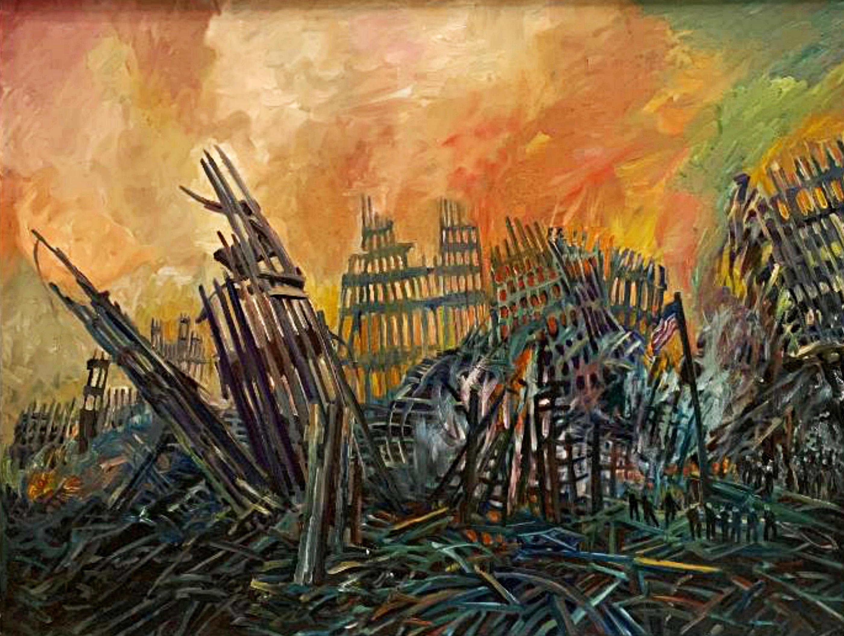 Journey Through Hell, 9/11 Art, dipinto firmato, esposto al Brattleboro Museum - Painting di Thelma Appel