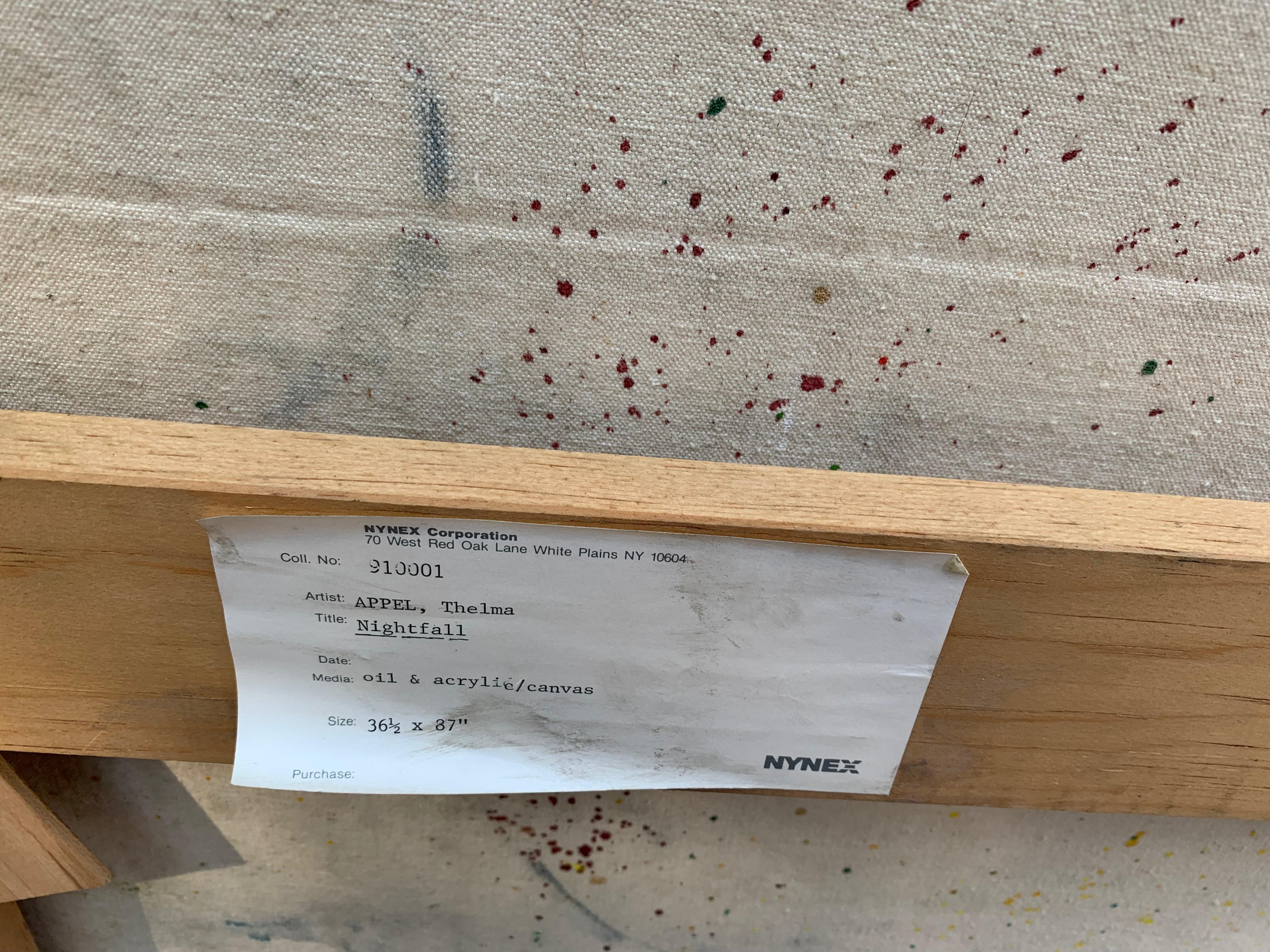 Thelma Appel
Einbruch der Dunkelheit, 1973
Acryl und Öl auf Leinwand. Handsigniert. Gerahmt.
Auf der Rückseite handsigniert und betitelt
Einzigartig
Inklusive Rahmen
Museum Provenienz. Dieses Werk wurde ursprünglich 1973 von der renommierten Jill