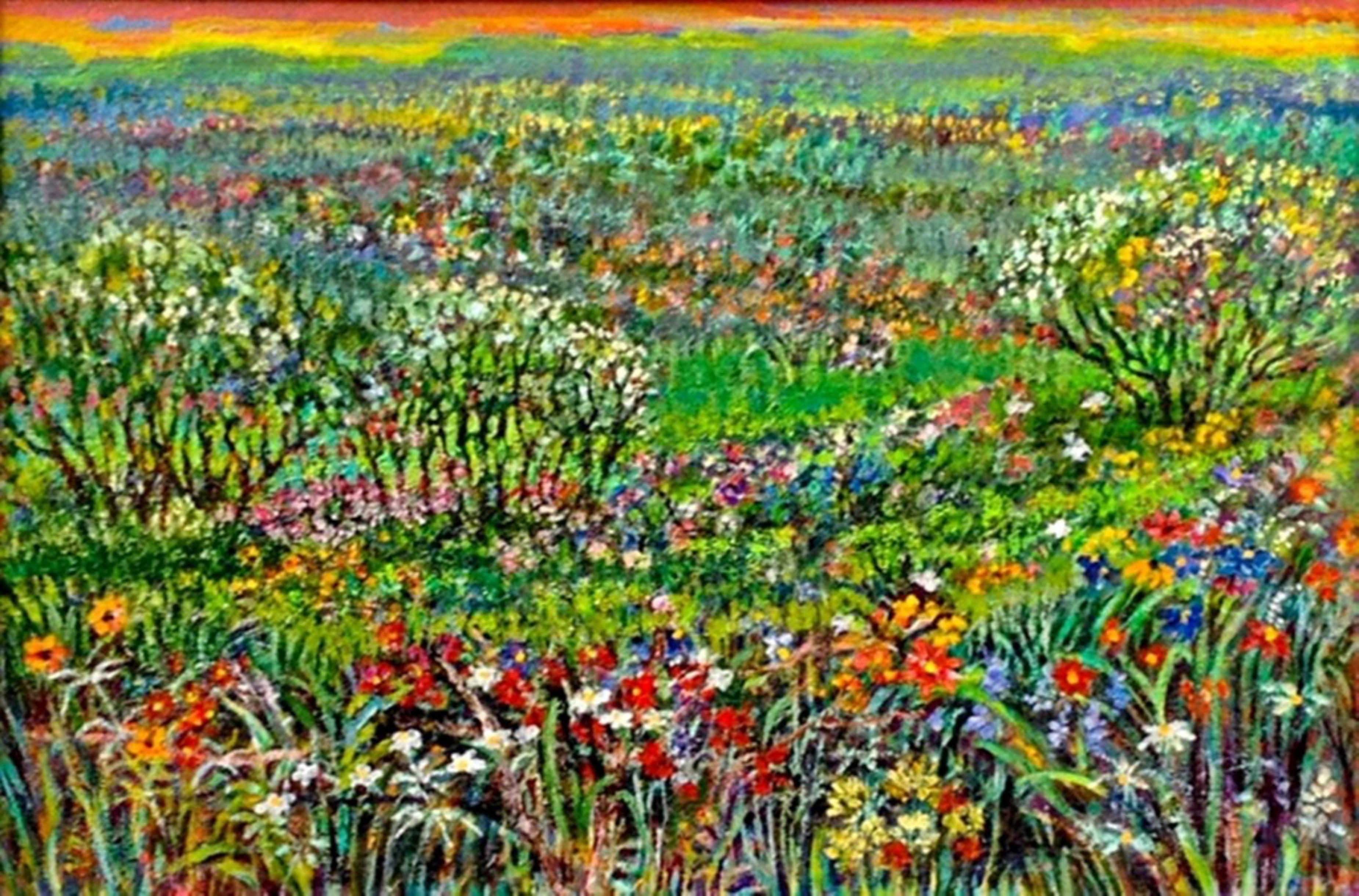Flores de la pradera (pintura acrílica única firmada sobre un paisaje) incluida en el catálogo - Painting de Thelma Appel