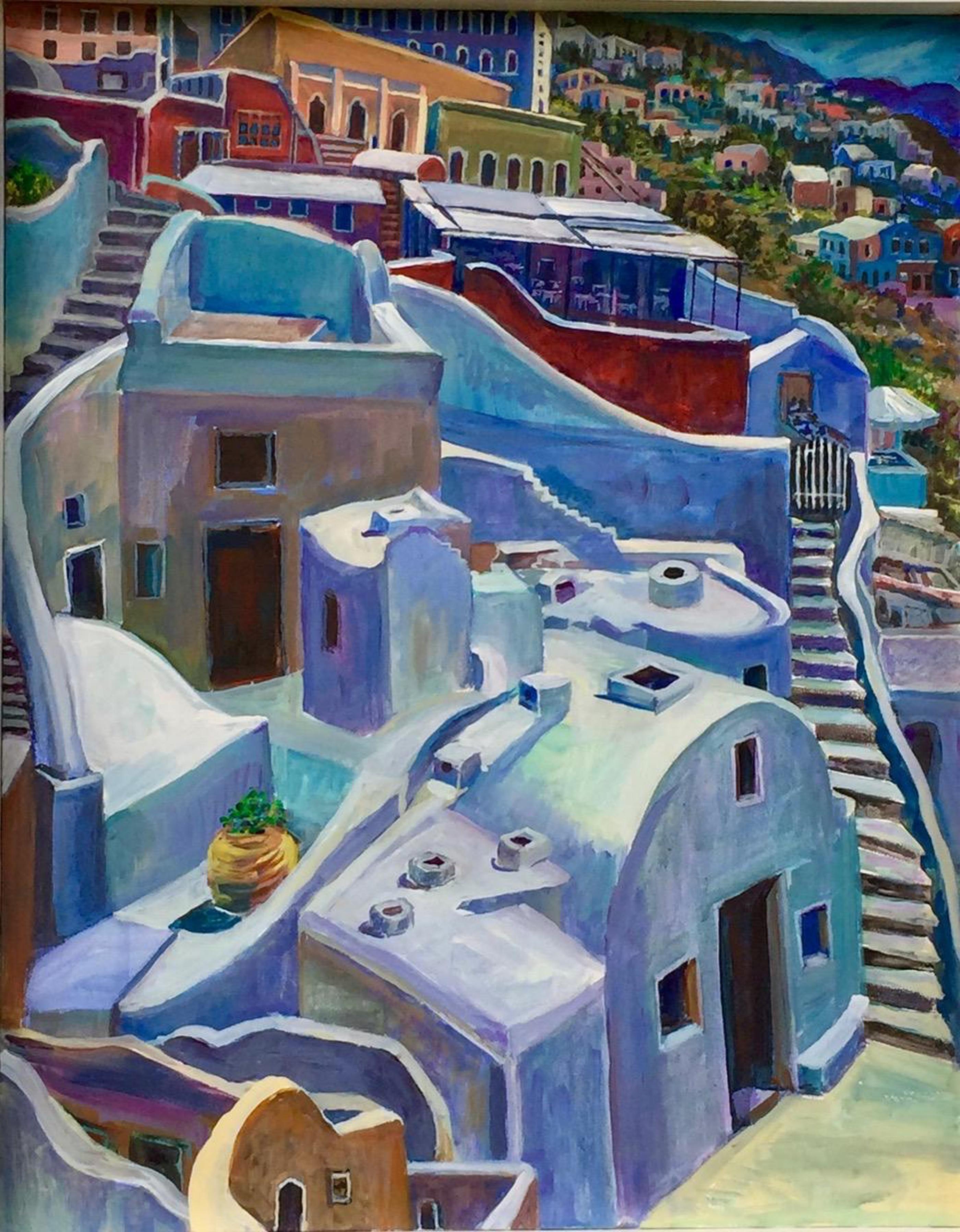 Santorini IV, precioso cuadro único firmado al óleo sobre lienzo de la isla griega Grecia - Painting de Thelma Appel