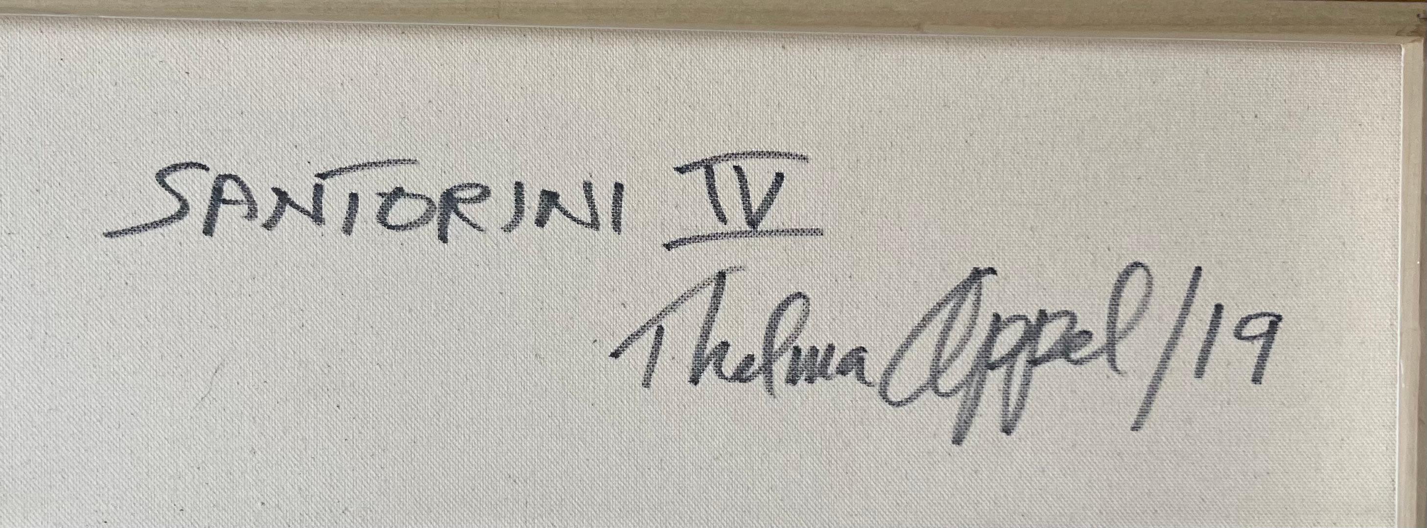 Santorini IV, precioso cuadro único firmado al óleo sobre lienzo de la isla griega Grecia - Figurative Painting Gris de Thelma Appel