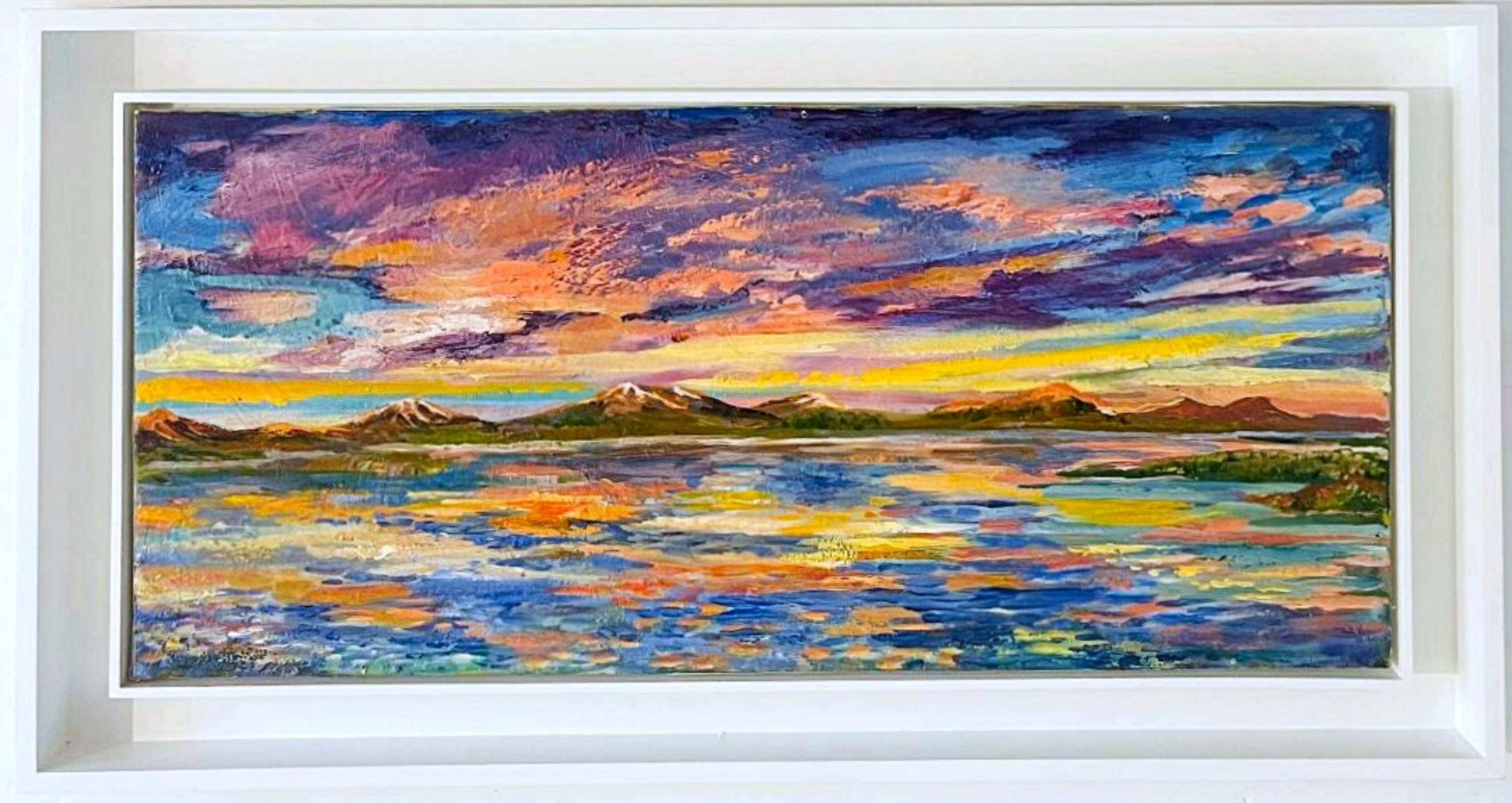 Sunset Island, splendido dipinto paesaggistico a olio su tela, firmato, con doppia cornice - Painting Contemporaneo di Thelma Appel
