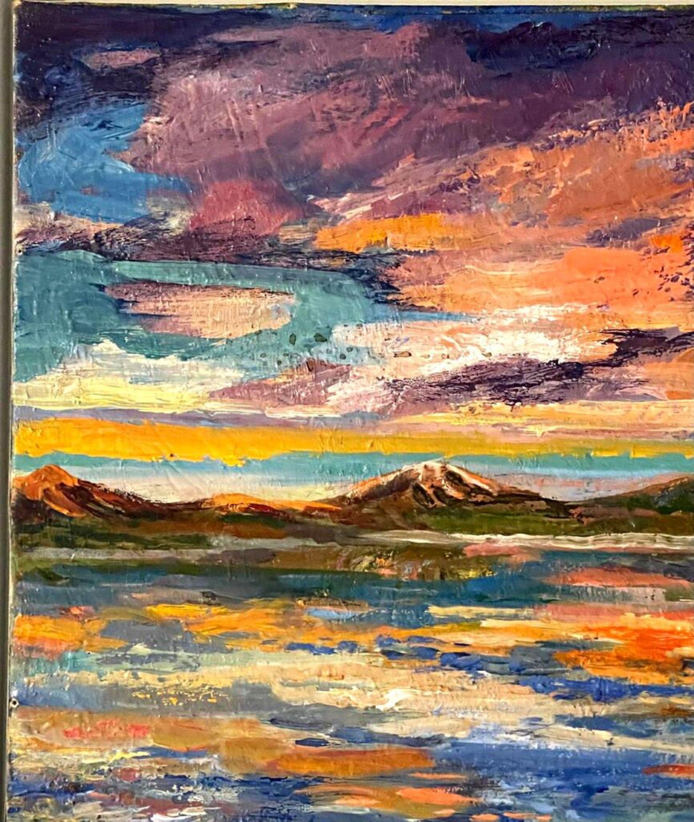 Sunset Island, splendido dipinto paesaggistico a olio su tela, firmato, con doppia cornice in vendita 2