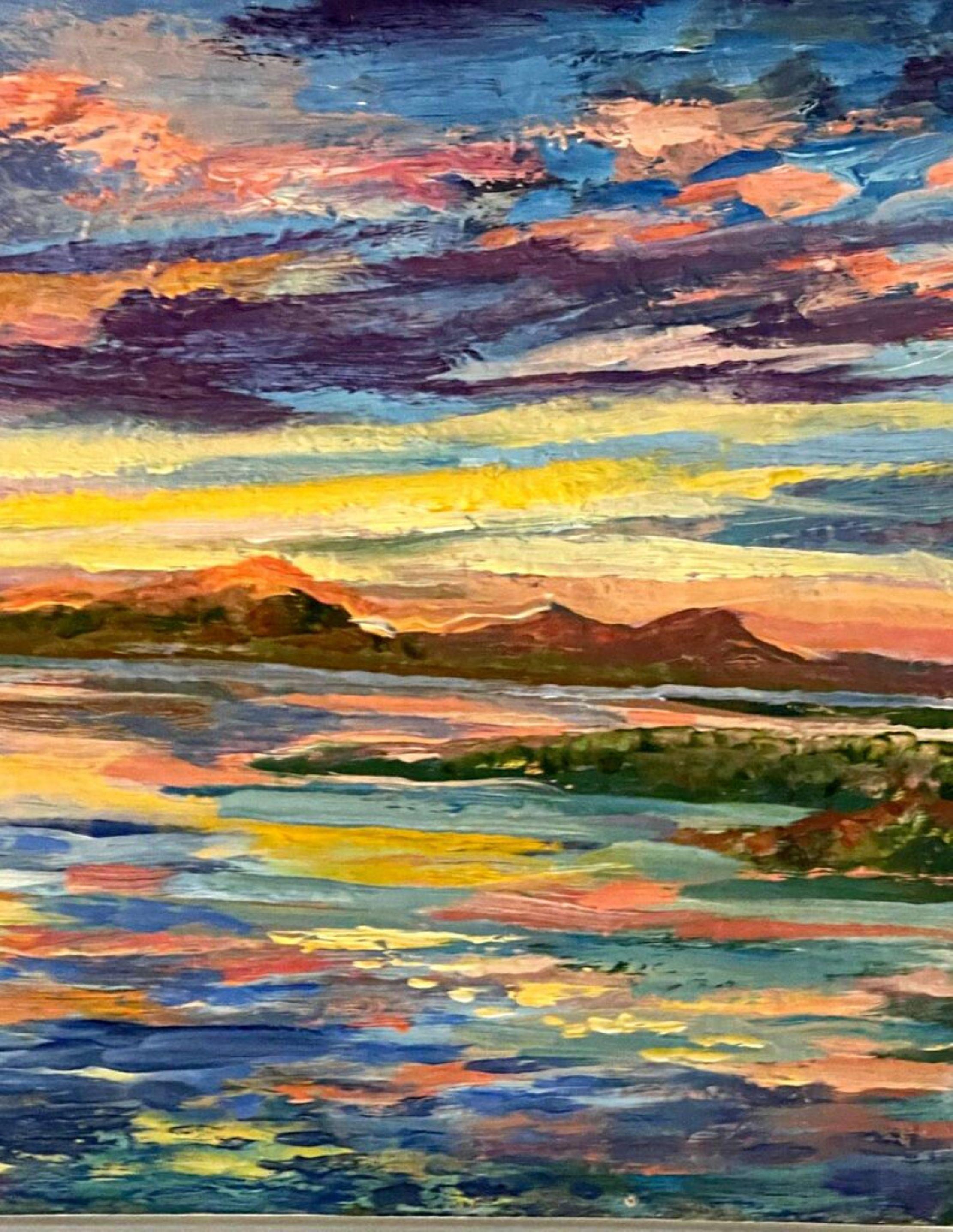 Sunset Island, splendido dipinto paesaggistico a olio su tela, firmato, con doppia cornice in vendita 3