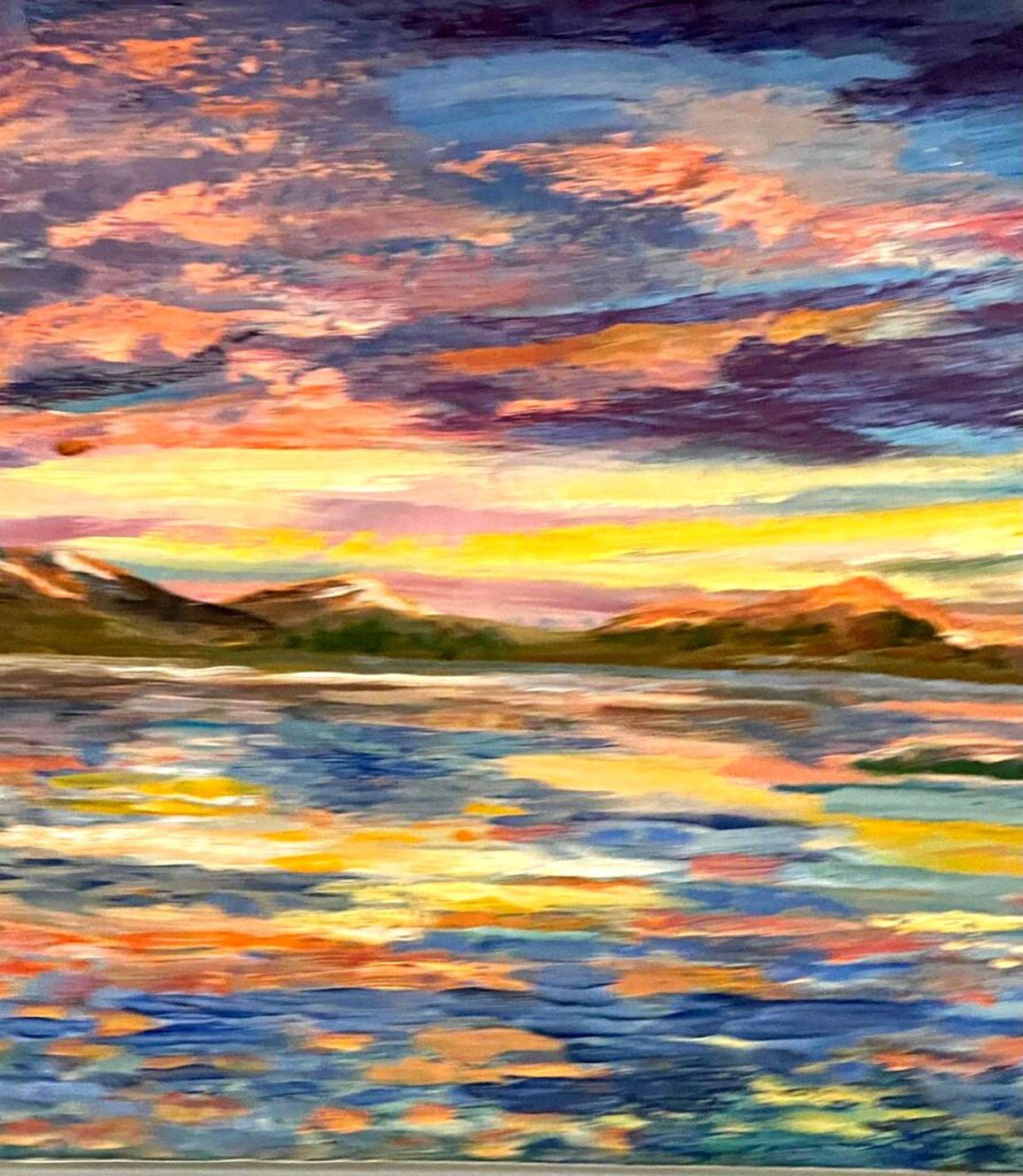 Sunset Island, splendido dipinto paesaggistico a olio su tela, firmato, con doppia cornice in vendita 4