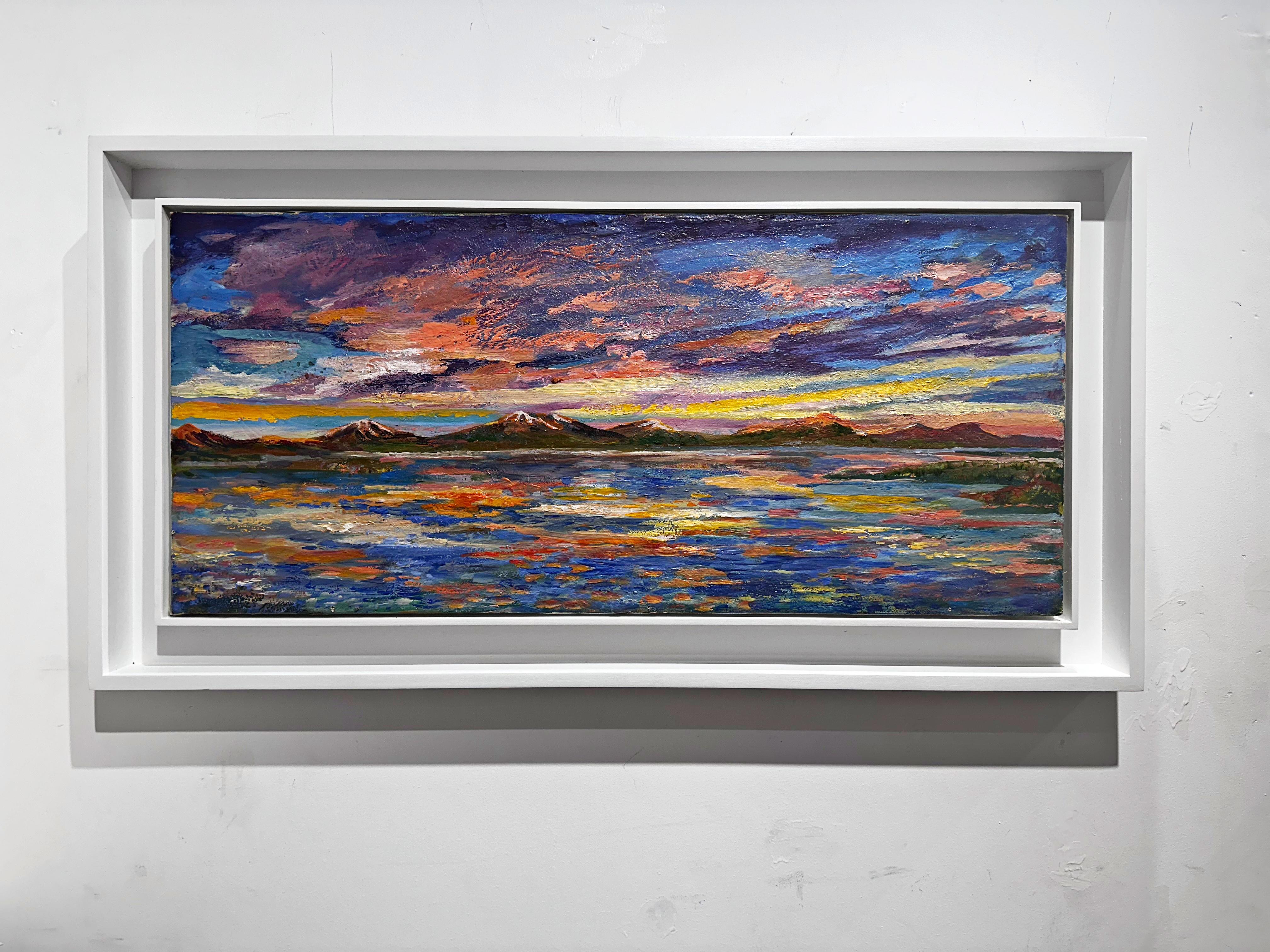 Sunset Island, splendido dipinto paesaggistico a olio su tela, firmato, con doppia cornice - Painting di Thelma Appel